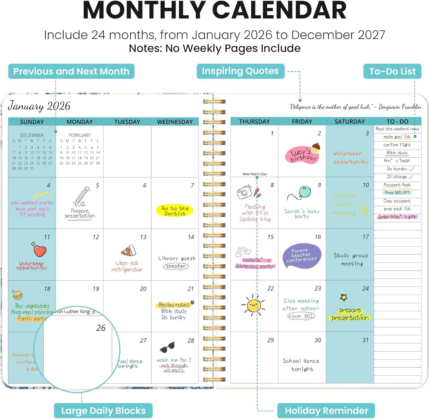 image:imageMonthly Planner 20262027 Aesthetic 2 Year Months Planner Calendar 24Months from January 2026 December 2027 2627 Monthly Calendar Planner Perfect for School Office Home 7 x 10 Midnight BloomJBlue Elegance