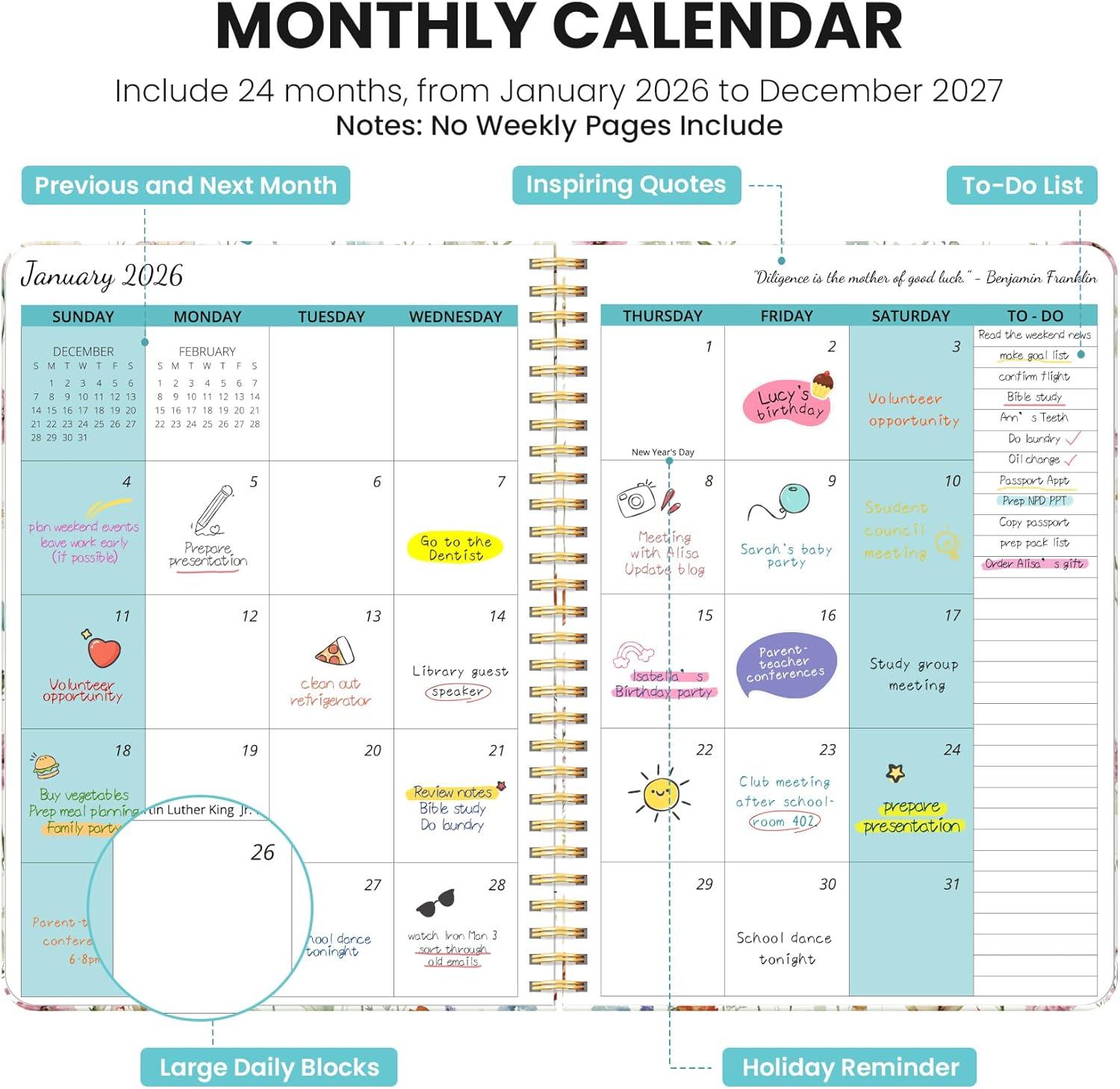 image:imageMonthly Planner 20262027 Aesthetic 2 Year Months Planner Calendar 24Months from January 2026 December 2027 2627 Monthly Calendar Planner Perfect for School Office Home 7 x 10 Midnight BloomAWildflowers