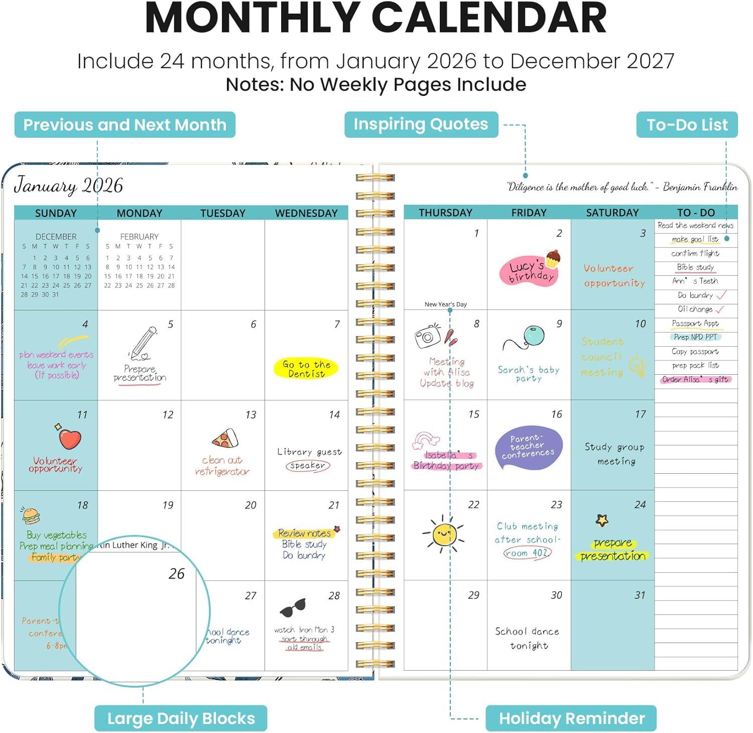 image:imageMonthly Planner 20262027 Aesthetic 2 Year Months Planner Calendar 24Months from January 2026 December 2027 2627 Monthly Calendar Planner Perfect for School Office Home 7 x 10 Midnight BloomTAzure Wings