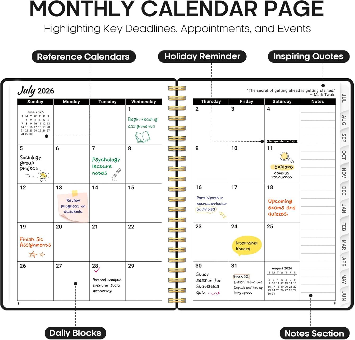 image:imagePlanner 20262027 85 x 11 Weekly and Monthly Academic Year Planner Calendar July 2026 June 2027 Hardcover Large School Planning Agenda With Tabs Perfect for School amp Office Supplies A4 BlackCBlack
