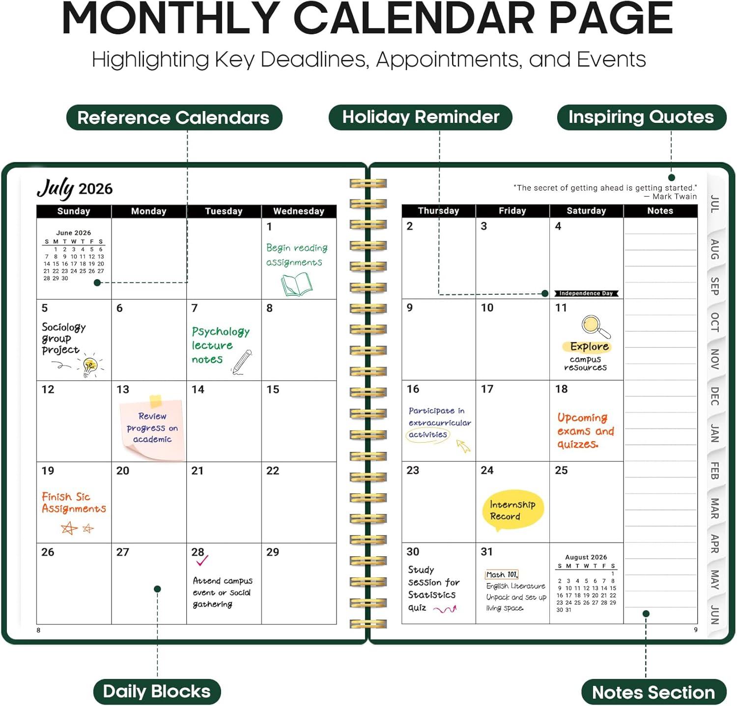 image:imagePlanner 20262027 85 x 11 Weekly and Monthly Academic Year Planner Calendar July 2026 June 2027 Hardcover Large School Planning Agenda With Tabs Perfect for School amp Office Supplies A4 BlackLDark Green