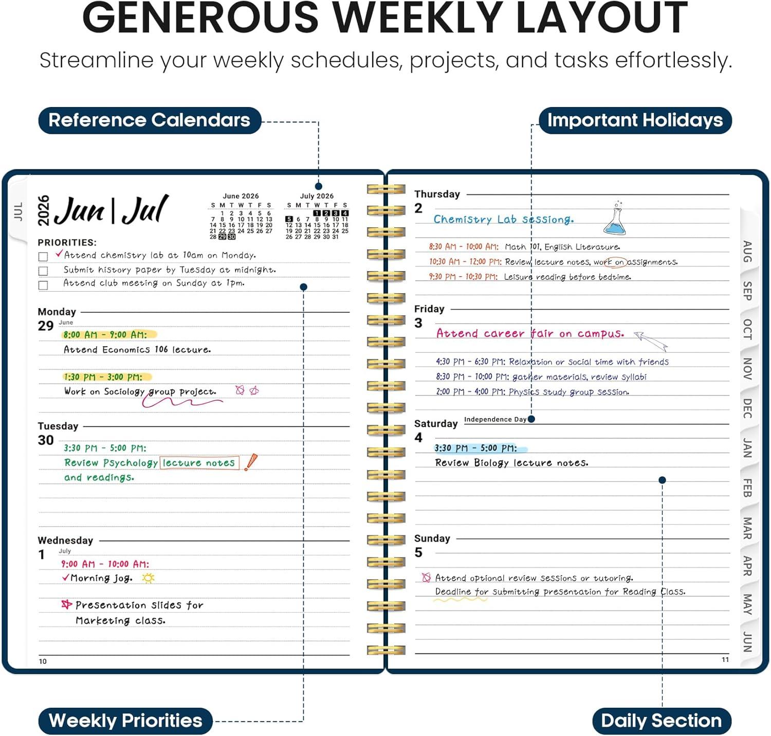 image:imagePlanner 20262027 85 x 11 Weekly and Monthly Academic Year Planner Calendar July 2026 June 2027 Hardcover Large School Planning Agenda With Tabs Perfect for School amp Office Supplies A4 BlackFNavy Blue