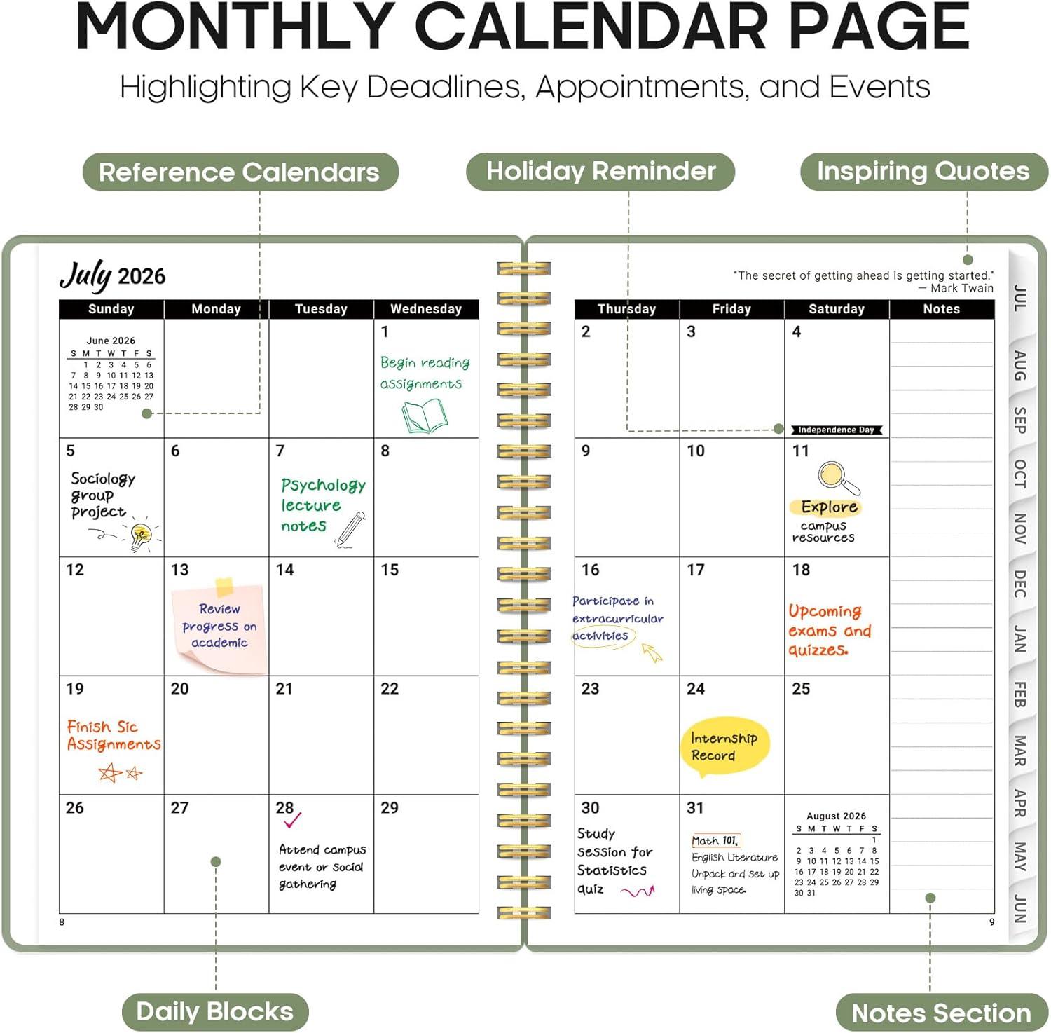image:imagePlanner 20262027 85 x 11 Weekly and Monthly Academic Year Planner Calendar July 2026 June 2027 Hardcover Large School Planning Agenda With Tabs Perfect for School amp Office Supplies A4 BlackAGreen