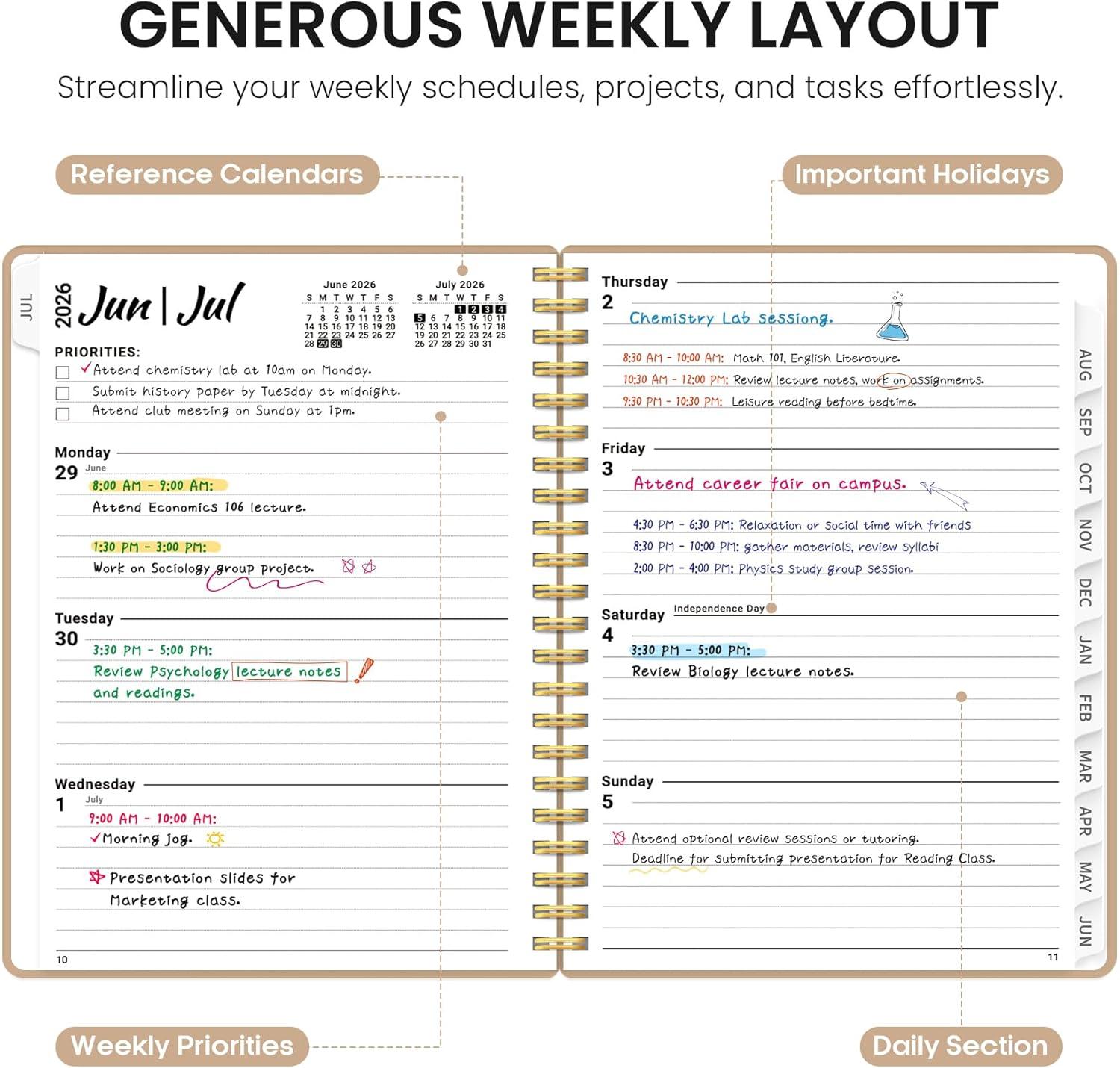 image:imagePlanner 20262027 85 x 11 Weekly and Monthly Academic Year Planner Calendar July 2026 June 2027 Hardcover Large School Planning Agenda With Tabs Perfect for School amp Office Supplies A4 BlackJOat Brown