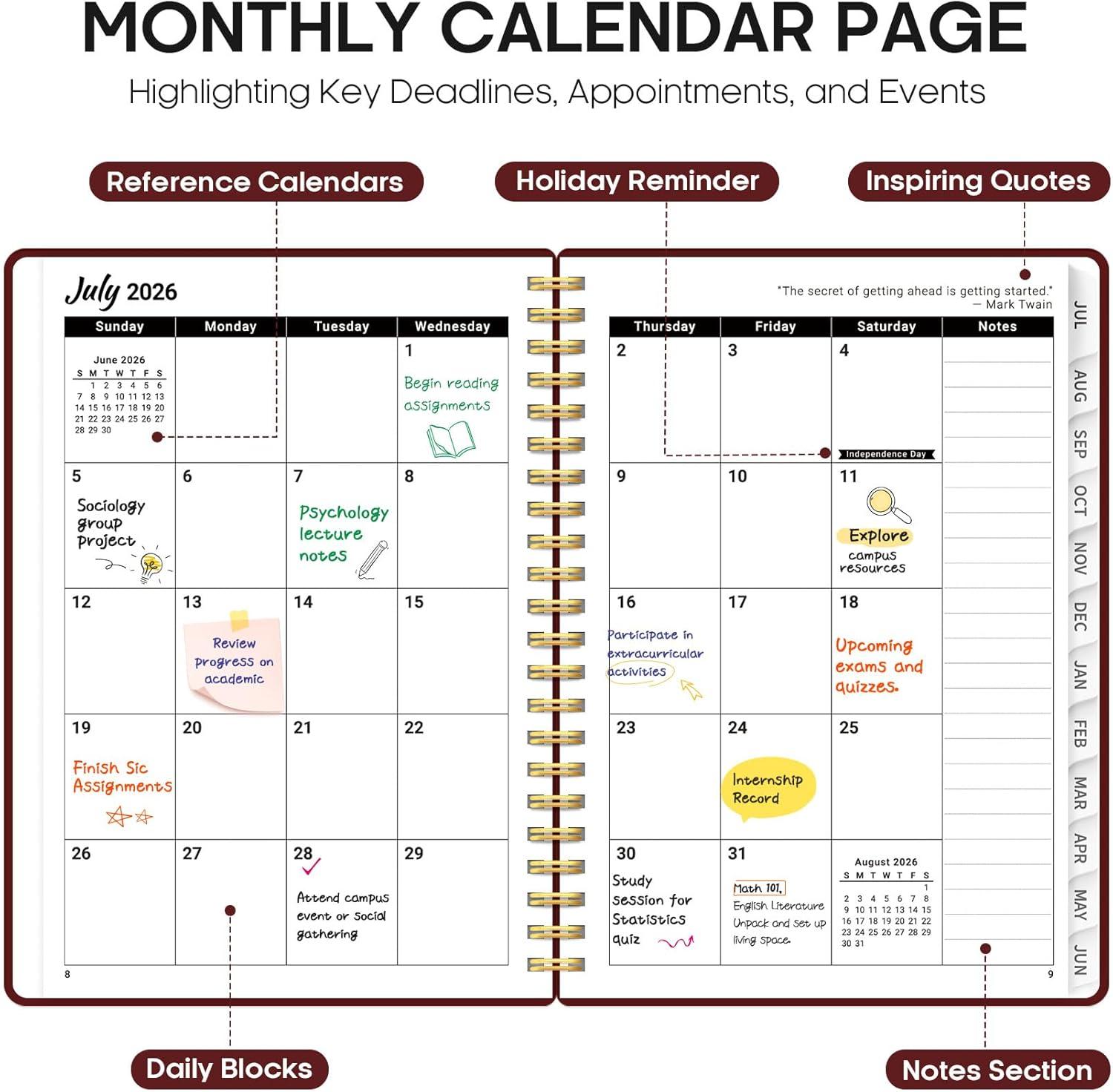 image:imagePlanner 20262027 85 x 11 Weekly and Monthly Academic Year Planner Calendar July 2026 June 2027 Hardcover Large School Planning Agenda With Tabs Perfect for School amp Office Supplies A4 BlackIBurgundy