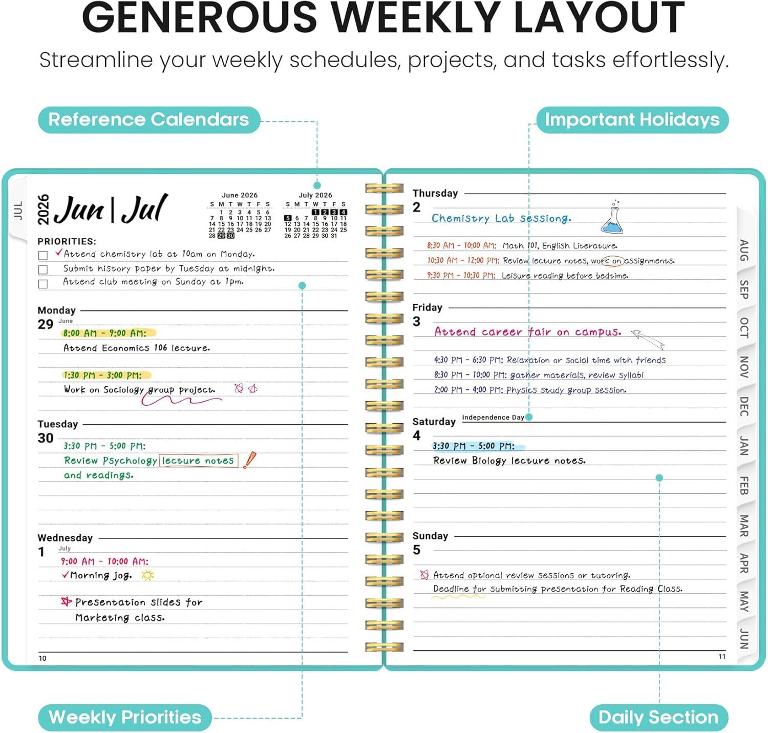 image:imagePlanner 20262027 85 x 11 Weekly and Monthly Academic Year Planner Calendar July 2026 June 2027 Hardcover Large School Planning Agenda With Tabs Perfect for School amp Office Supplies A4 BlackEAquamarine