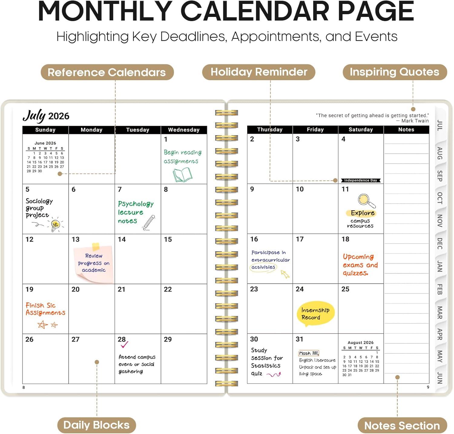 image:imagePlanner 20262027 85 x 11 Weekly and Monthly Academic Year Planner Calendar July 2026 June 2027 Hardcover Large School Planning Agenda With Tabs Perfect for School amp Office Supplies A4 BlackHBeige