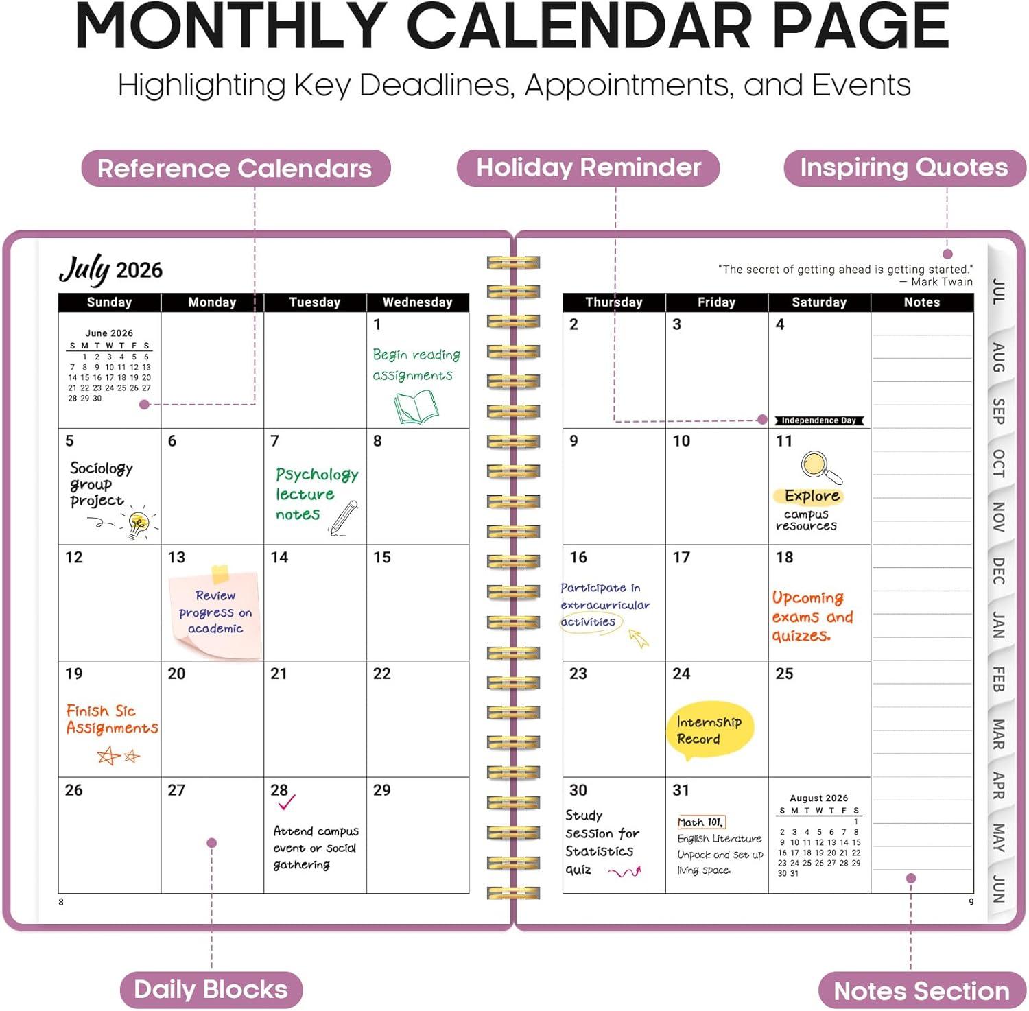 image:imagePlanner 20262027 85 x 11 Weekly and Monthly Academic Year Planner Calendar July 2026 June 2027 Hardcover Large School Planning Agenda With Tabs Perfect for School amp Office Supplies A4 BlackBPurple