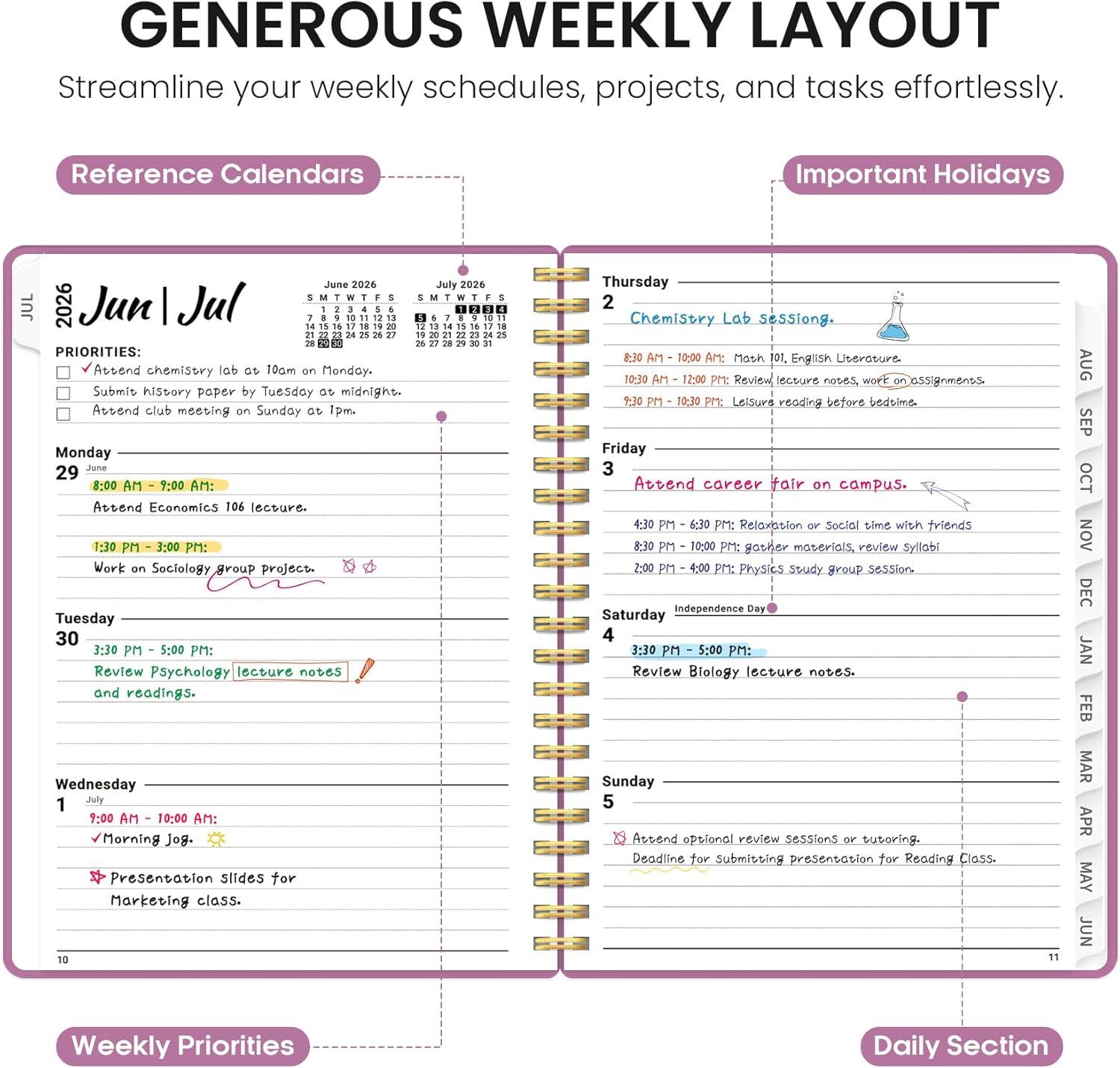 image:imagePlanner 20262027 85 x 11 Weekly and Monthly Academic Year Planner Calendar July 2026 June 2027 Hardcover Large School Planning Agenda With Tabs Perfect for School amp Office Supplies A4 BlackBPurple