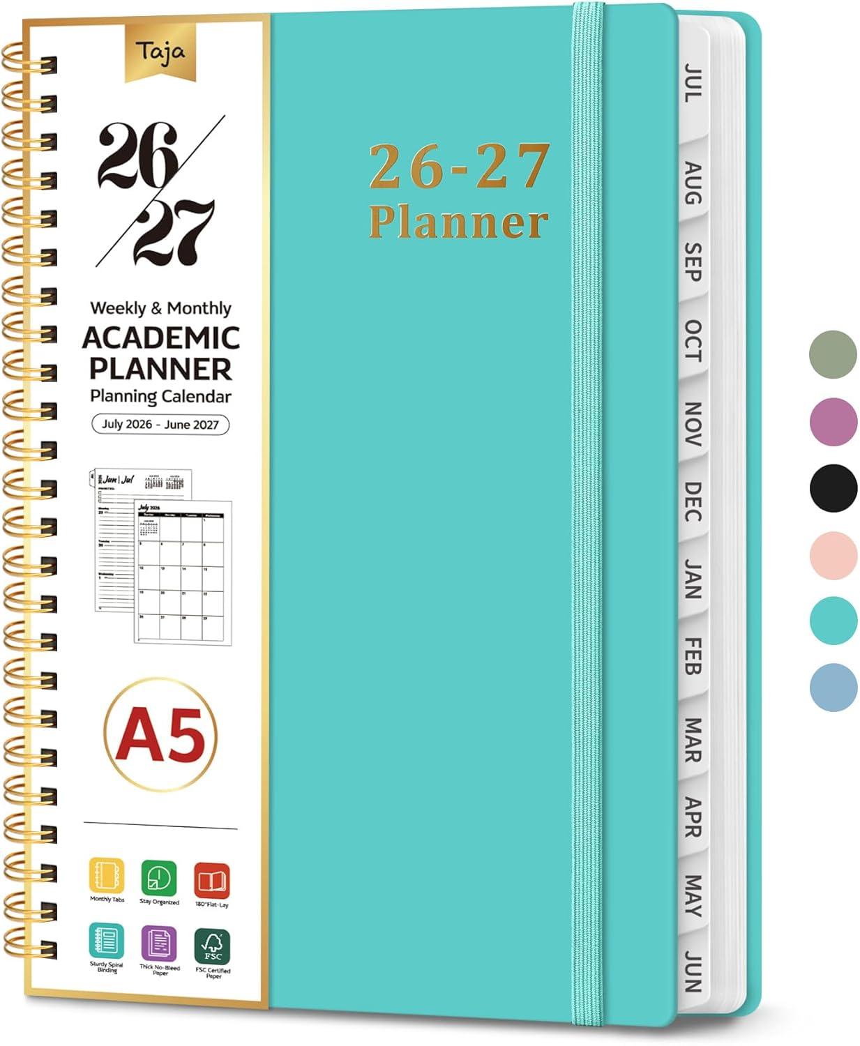 image:imagePlanner 20262027 85 x 11 Weekly and Monthly Academic Year Planner Calendar July 2026 June 2027 Hardcover Large School Planning Agenda With Tabs Perfect for School amp Office Supplies A4 BlackEAquamarine
