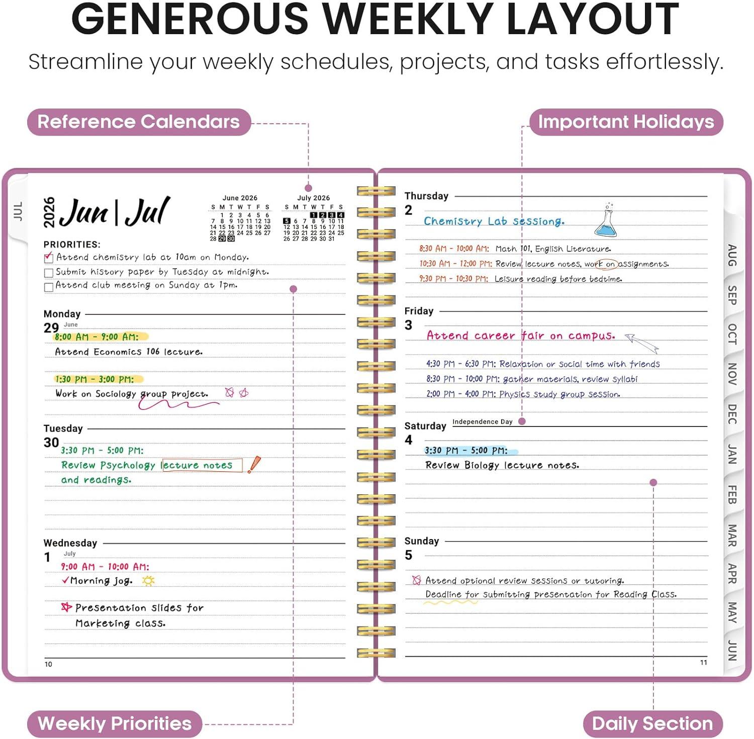 image:imagePlanner 20262027 85 x 11 Weekly and Monthly Academic Year Planner Calendar July 2026 June 2027 Hardcover Large School Planning Agenda With Tabs Perfect for School amp Office Supplies A4 BlackBPurple