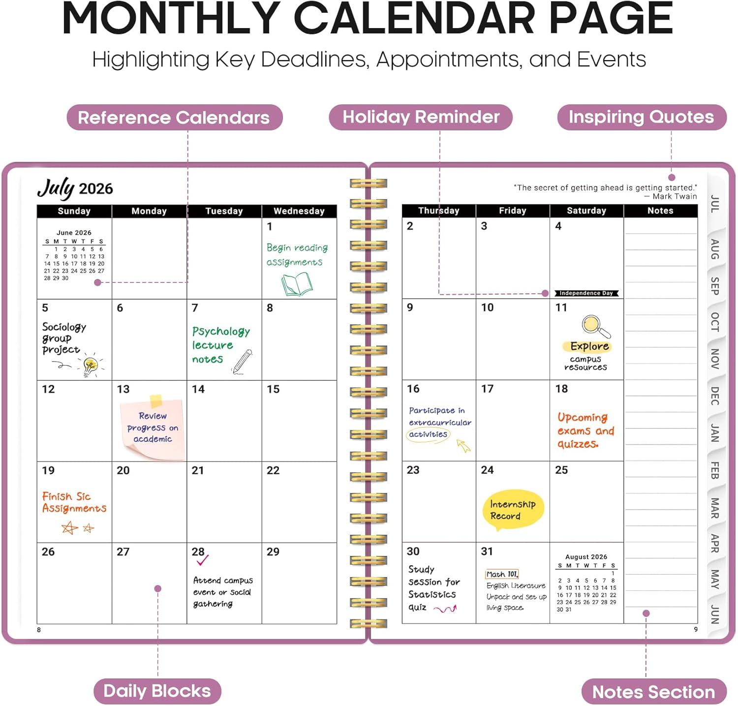 image:imagePlanner 20262027 85 x 11 Weekly and Monthly Academic Year Planner Calendar July 2026 June 2027 Hardcover Large School Planning Agenda With Tabs Perfect for School amp Office Supplies A4 BlackBPurple