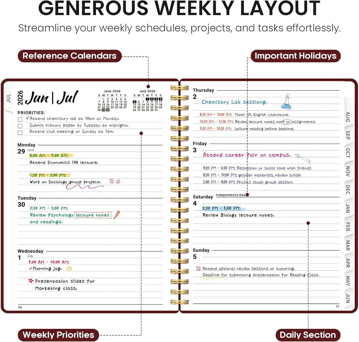 image:imagePlanner 20262027 85 x 11 Weekly and Monthly Academic Year Planner Calendar July 2026 June 2027 Hardcover Large School Planning Agenda With Tabs Perfect for School amp Office Supplies A4 BlackIBurgundy