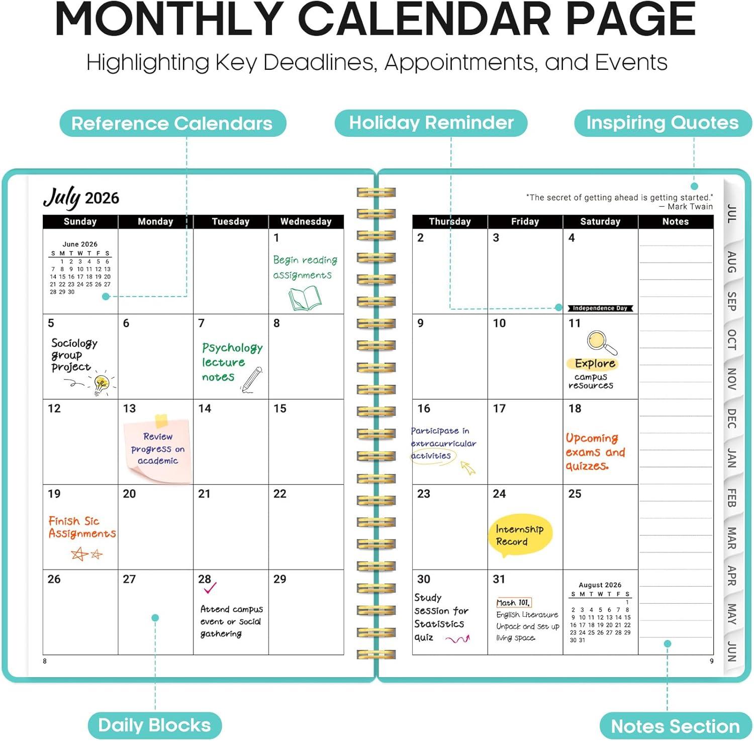 image:imagePlanner 20262027 85 x 11 Weekly and Monthly Academic Year Planner Calendar July 2026 June 2027 Hardcover Large School Planning Agenda With Tabs Perfect for School amp Office Supplies A4 BlackEAquamarine