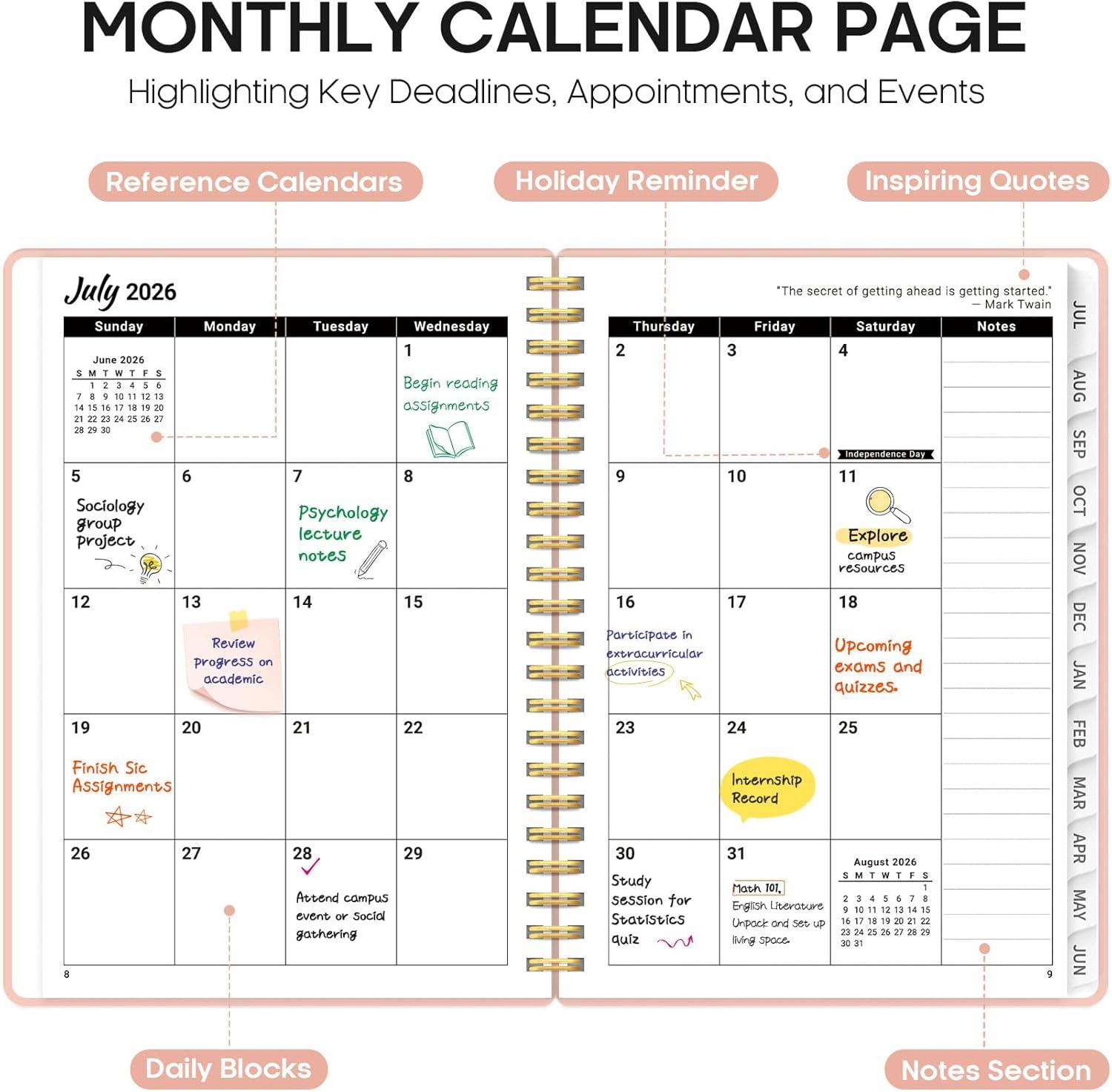 image:imagePlanner 20262027 85 x 11 Weekly and Monthly Academic Year Planner Calendar July 2026 June 2027 Hardcover Large School Planning Agenda With Tabs Perfect for School amp Office Supplies A4 BlackDPink