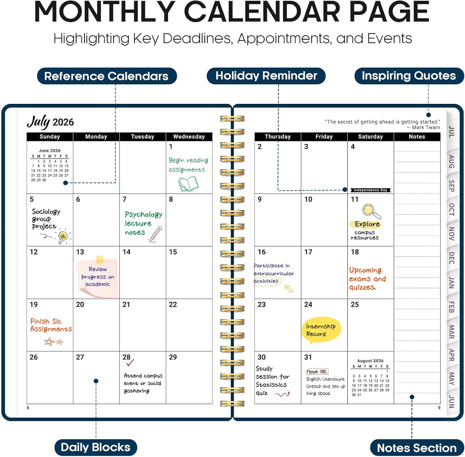 image:imagePlanner 20262027 85 x 11 Weekly and Monthly Academic Year Planner Calendar July 2026 June 2027 Hardcover Large School Planning Agenda With Tabs Perfect for School amp Office Supplies A4 BlackFNavy Blue
