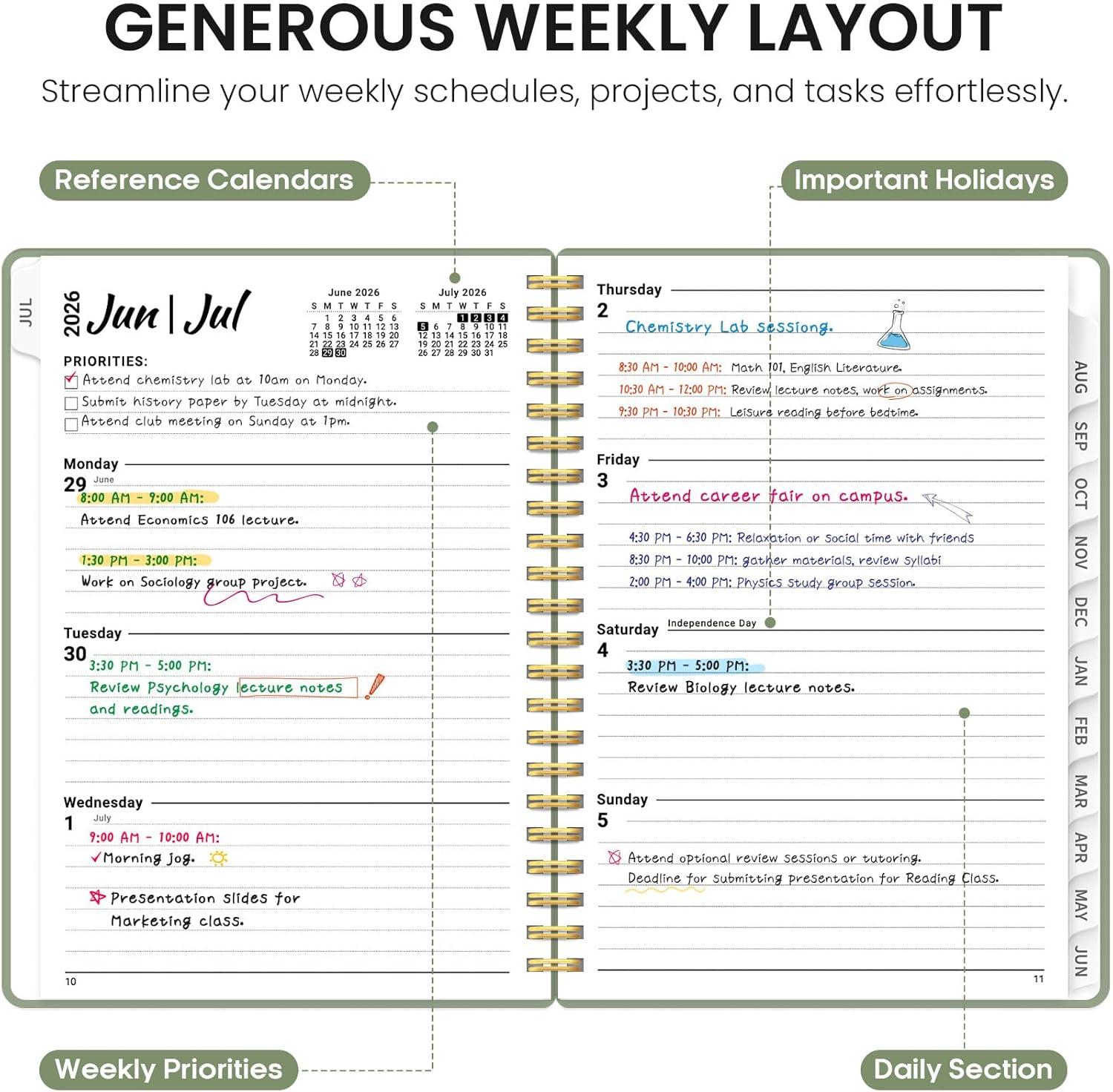 image:imagePlanner 20262027 85 x 11 Weekly and Monthly Academic Year Planner Calendar July 2026 June 2027 Hardcover Large School Planning Agenda With Tabs Perfect for School amp Office Supplies A4 BlackAGreen
