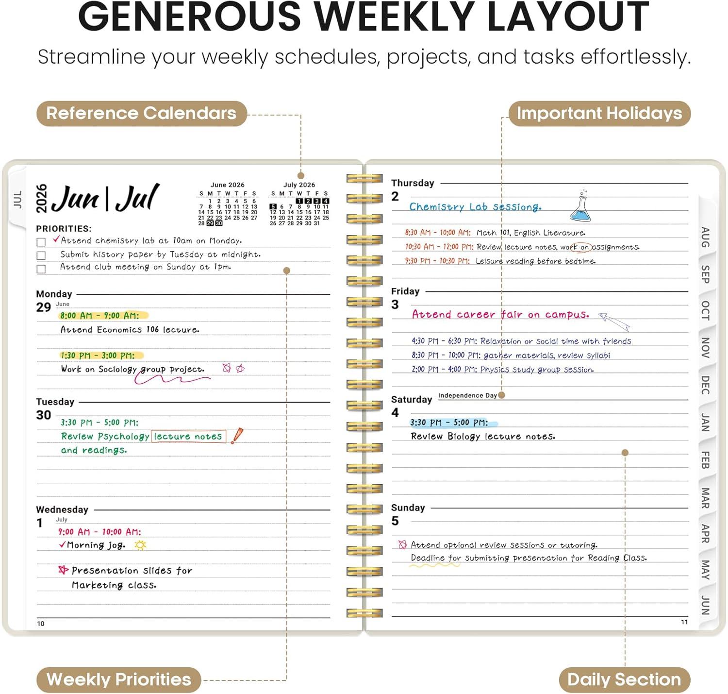image:imagePlanner 20262027 85 x 11 Weekly and Monthly Academic Year Planner Calendar July 2026 June 2027 Hardcover Large School Planning Agenda With Tabs Perfect for School amp Office Supplies A4 BlackHBeige