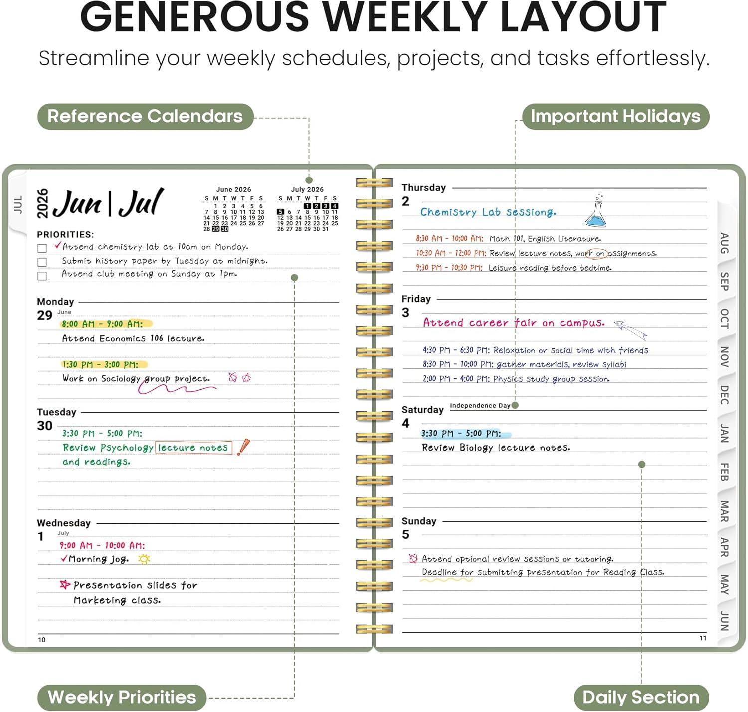 image:imagePlanner 20262027 85 x 11 Weekly and Monthly Academic Year Planner Calendar July 2026 June 2027 Hardcover Large School Planning Agenda With Tabs Perfect for School amp Office Supplies A4 BlackAGreen
