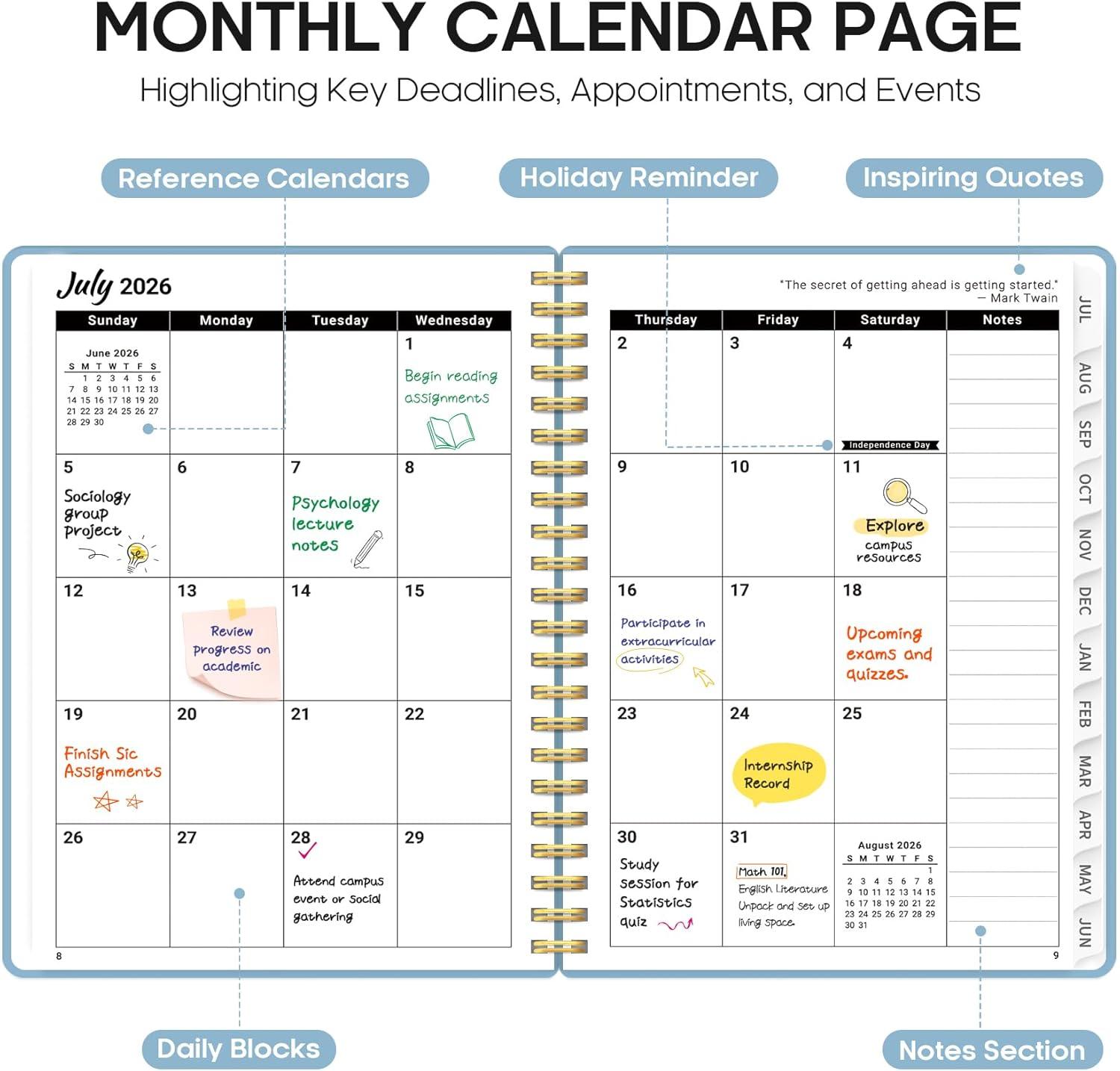 image:imagePlanner 20262027 85 x 11 Weekly and Monthly Academic Year Planner Calendar July 2026 June 2027 Hardcover Large School Planning Agenda With Tabs Perfect for School amp Office Supplies A4 BlackGBaby Blue