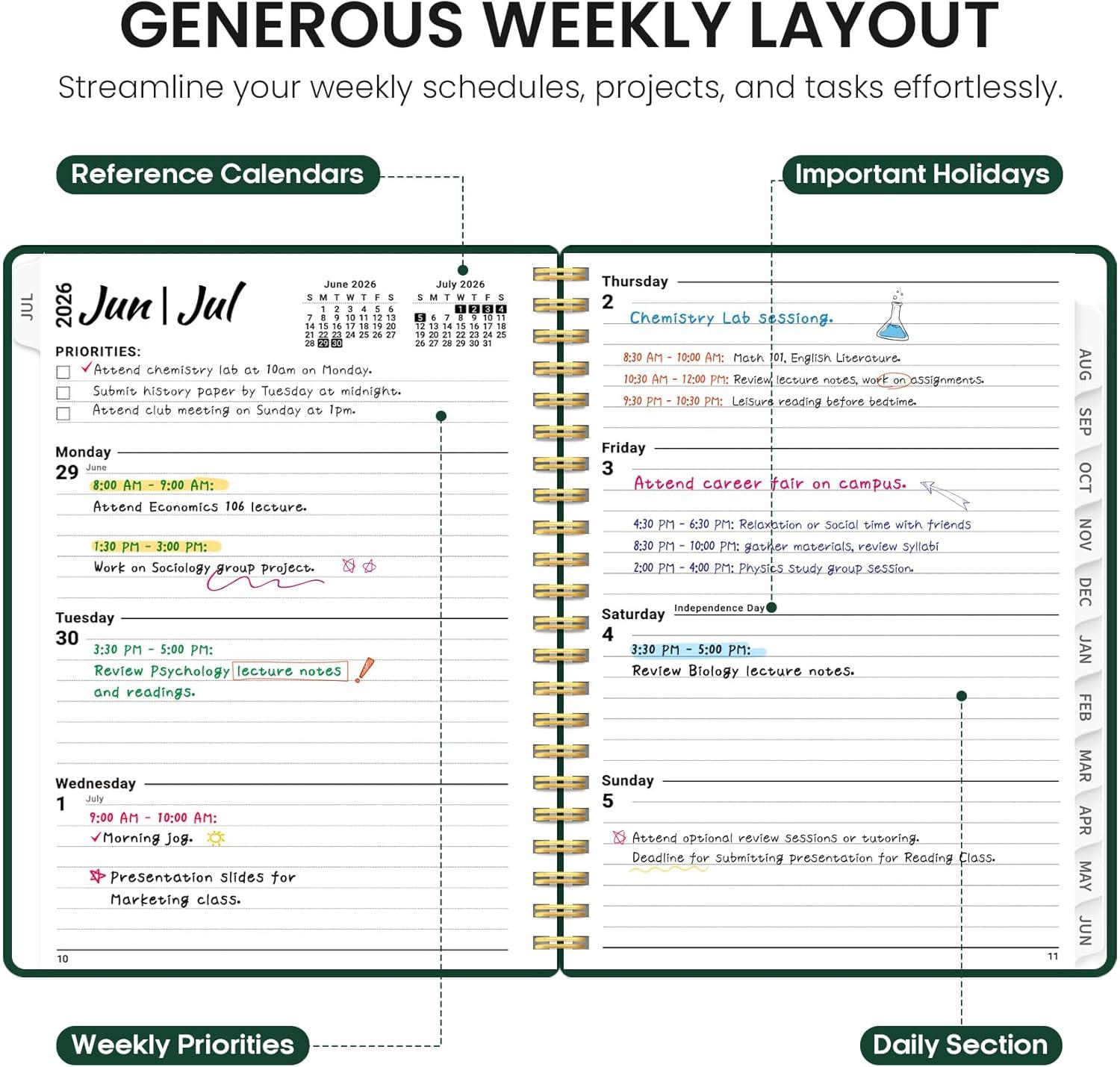 image:imagePlanner 20262027 85 x 11 Weekly and Monthly Academic Year Planner Calendar July 2026 June 2027 Hardcover Large School Planning Agenda With Tabs Perfect for School amp Office Supplies A4 BlackLDark Green
