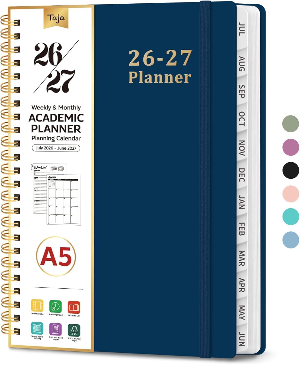 image:imagePlanner 20262027 85 x 11 Weekly and Monthly Academic Year Planner Calendar July 2026 June 2027 Hardcover Large School Planning Agenda With Tabs Perfect for School amp Office Supplies A4 BlackFNavy Blue