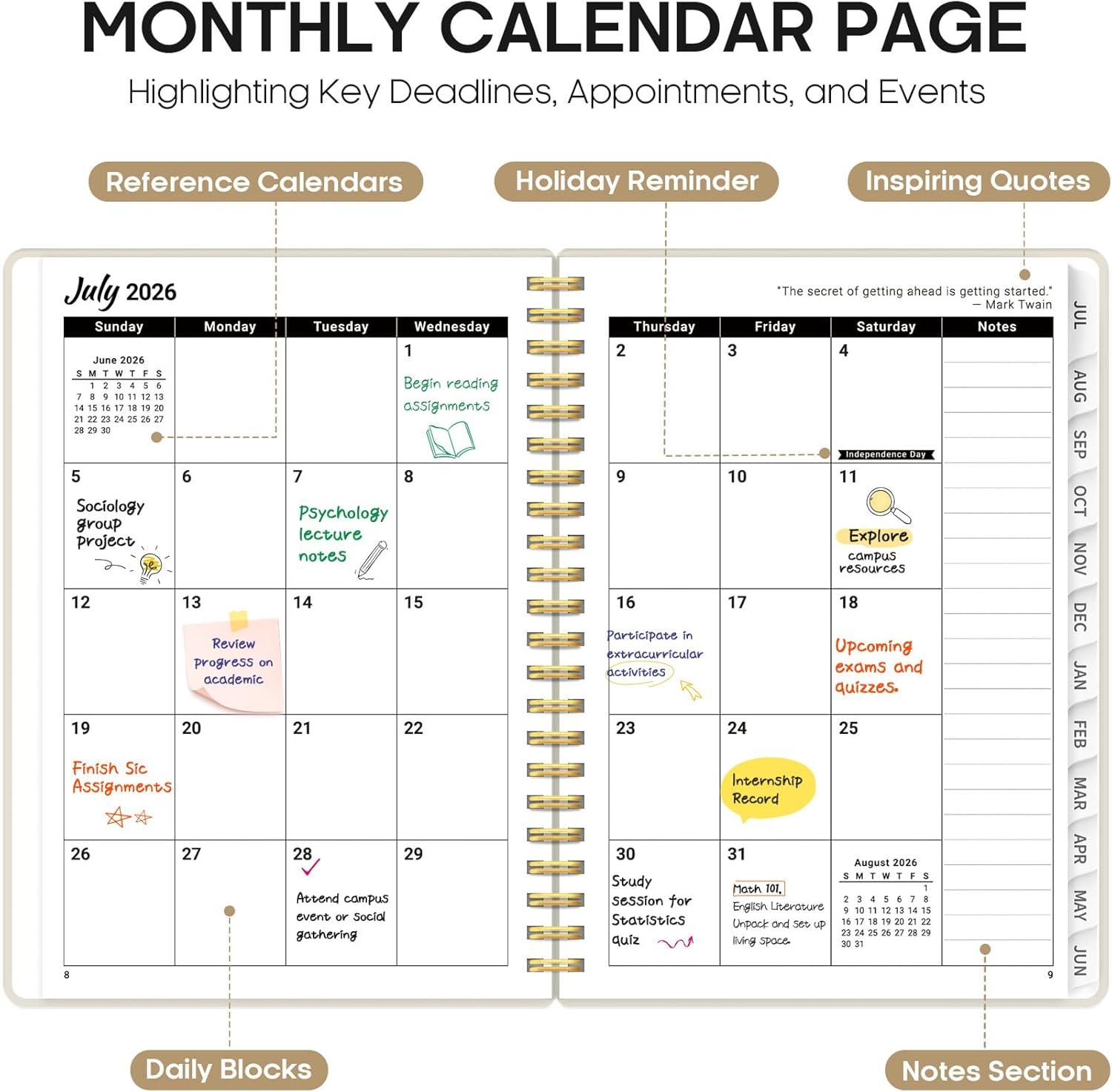 image:imagePlanner 20262027 85 x 11 Weekly and Monthly Academic Year Planner Calendar July 2026 June 2027 Hardcover Large School Planning Agenda With Tabs Perfect for School amp Office Supplies A4 BlackHBeige