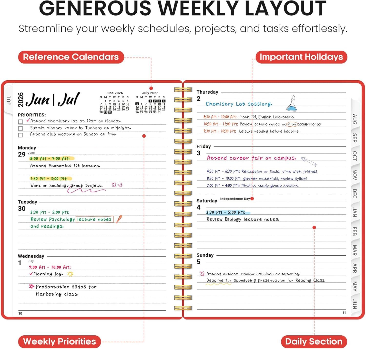 image:imagePlanner 20262027 85 x 11 Weekly and Monthly Academic Year Planner Calendar July 2026 June 2027 Hardcover Large School Planning Agenda With Tabs Perfect for School amp Office Supplies A4 BlackKTomato Red