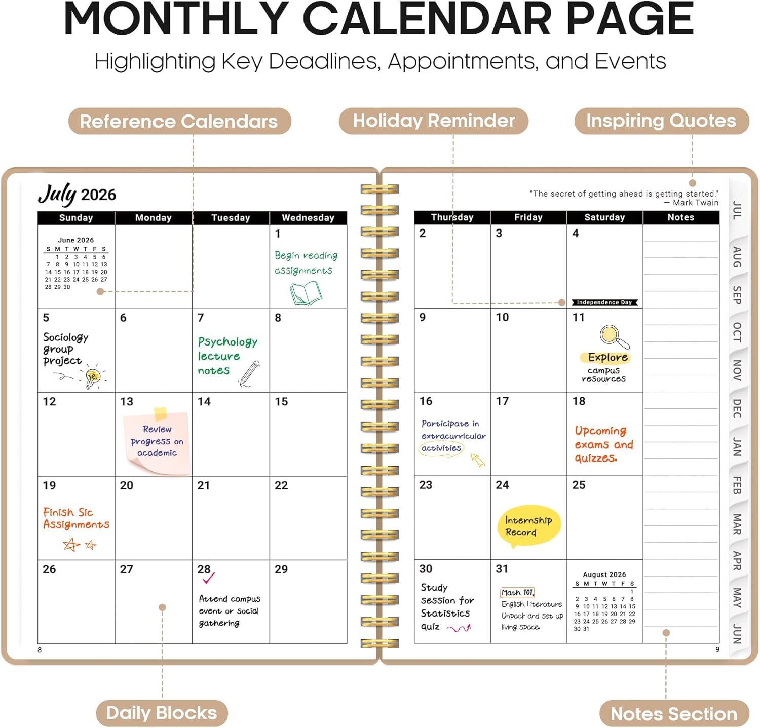 image:imagePlanner 20262027 85 x 11 Weekly and Monthly Academic Year Planner Calendar July 2026 June 2027 Hardcover Large School Planning Agenda With Tabs Perfect for School amp Office Supplies A4 BlackJOat Brown
