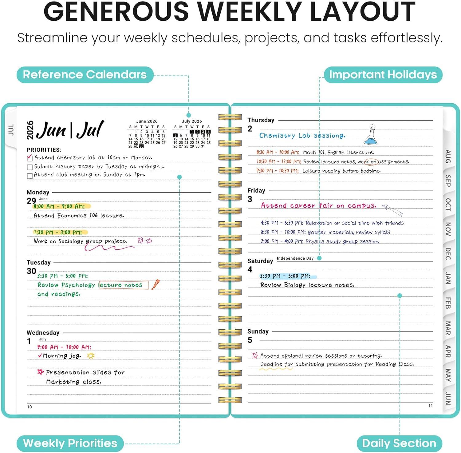 image:imagePlanner 20262027 85 x 11 Weekly and Monthly Academic Year Planner Calendar July 2026 June 2027 Hardcover Large School Planning Agenda With Tabs Perfect for School amp Office Supplies A4 BlackEAquamarine