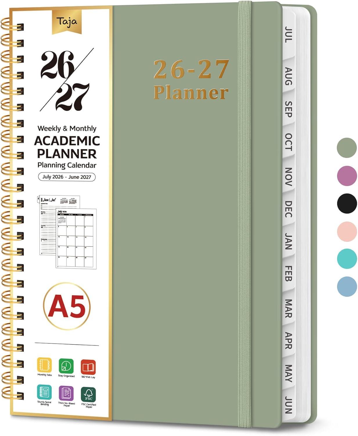 image:imagePlanner 20262027 85 x 11 Weekly and Monthly Academic Year Planner Calendar July 2026 June 2027 Hardcover Large School Planning Agenda With Tabs Perfect for School amp Office Supplies A4 BlackAGreen