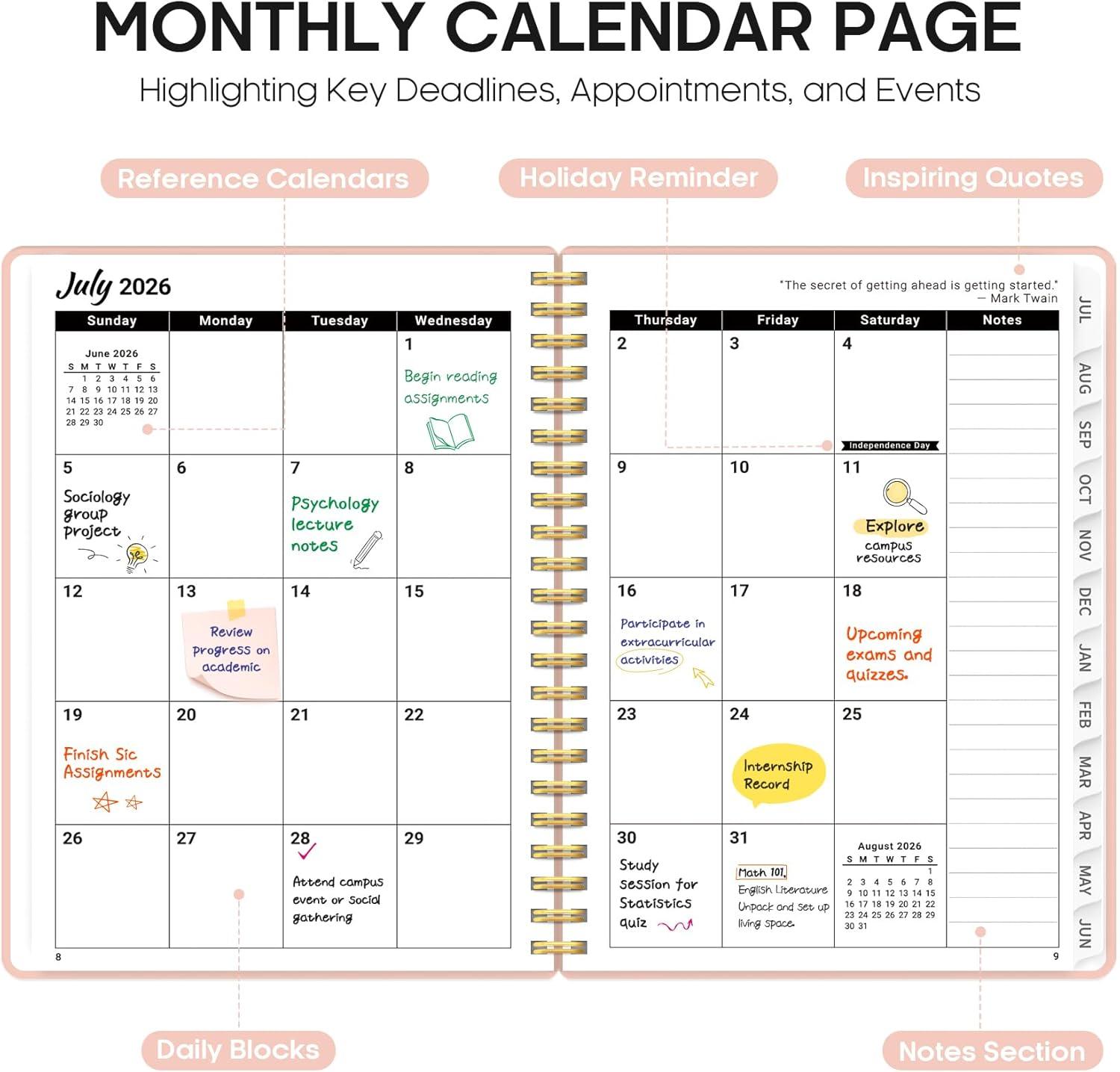 image:imagePlanner 20262027 85 x 11 Weekly and Monthly Academic Year Planner Calendar July 2026 June 2027 Hardcover Large School Planning Agenda With Tabs Perfect for School amp Office Supplies A4 BlackDPink