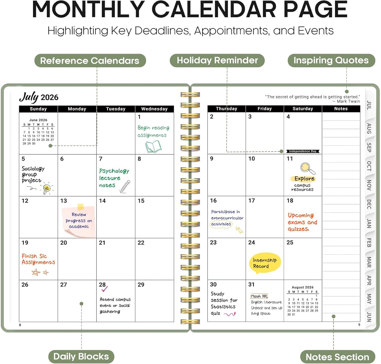 image:imagePlanner 20262027 85 x 11 Weekly and Monthly Academic Year Planner Calendar July 2026 June 2027 Hardcover Large School Planning Agenda With Tabs Perfect for School amp Office Supplies A4 BlackAGreen