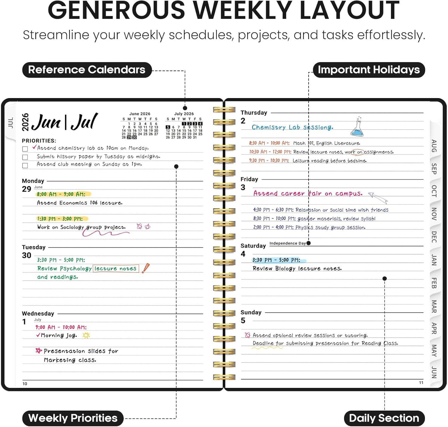 image:imagePlanner 20262027 85 x 11 Weekly and Monthly Academic Year Planner Calendar July 2026 June 2027 Hardcover Large School Planning Agenda With Tabs Perfect for School amp Office Supplies A4 BlackCBlack