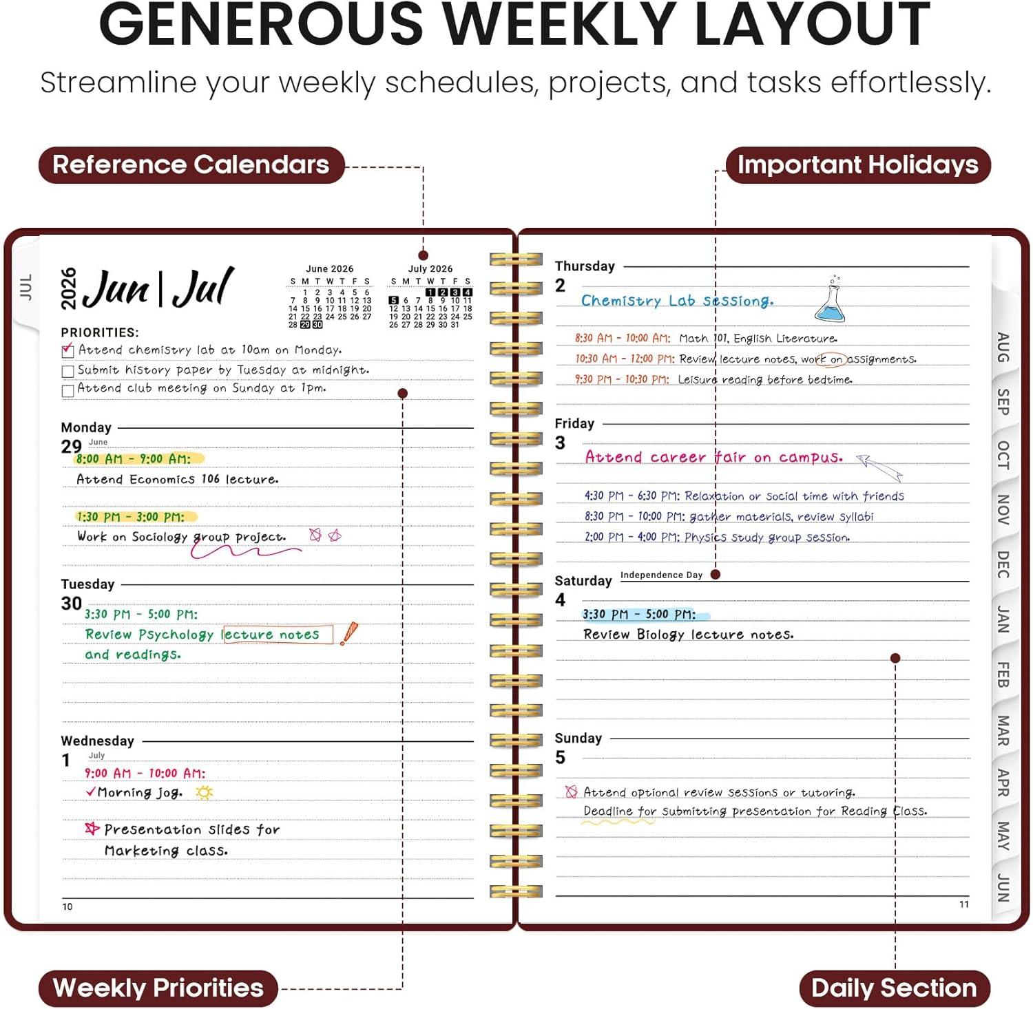 image:imagePlanner 20262027 85 x 11 Weekly and Monthly Academic Year Planner Calendar July 2026 June 2027 Hardcover Large School Planning Agenda With Tabs Perfect for School amp Office Supplies A4 BlackIBurgundy