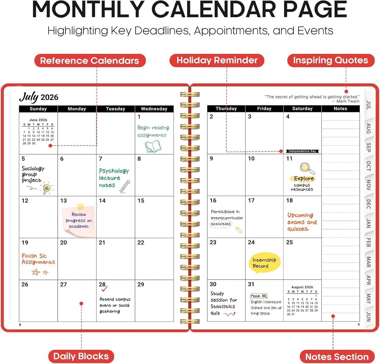 image:imagePlanner 20262027 85 x 11 Weekly and Monthly Academic Year Planner Calendar July 2026 June 2027 Hardcover Large School Planning Agenda With Tabs Perfect for School amp Office Supplies A4 BlackKTomato Red