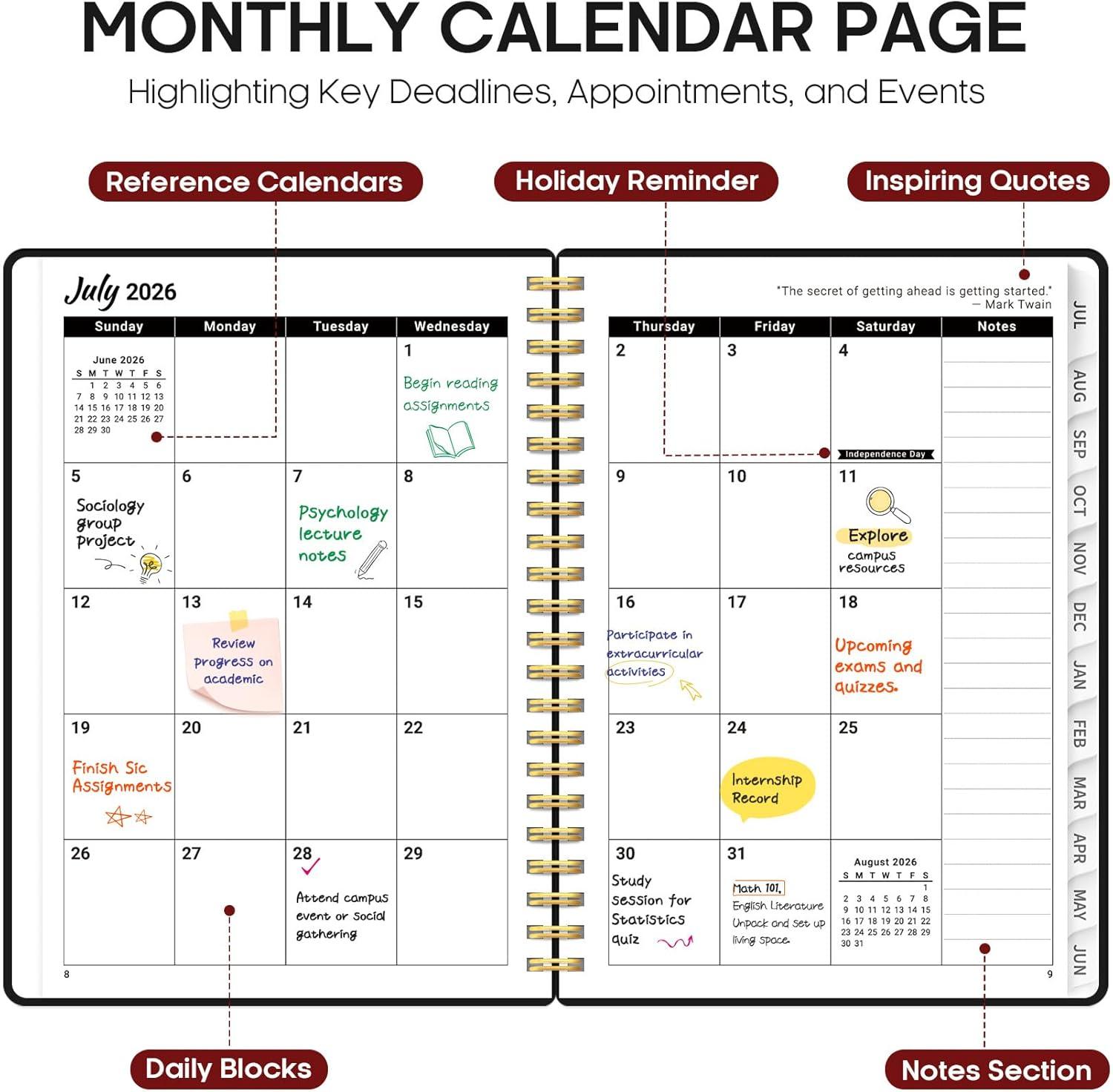 image:imagePlanner 20262027 85 x 11 Weekly and Monthly Academic Year Planner Calendar July 2026 June 2027 Hardcover Large School Planning Agenda With Tabs Perfect for School amp Office Supplies A4 BlackCBlack