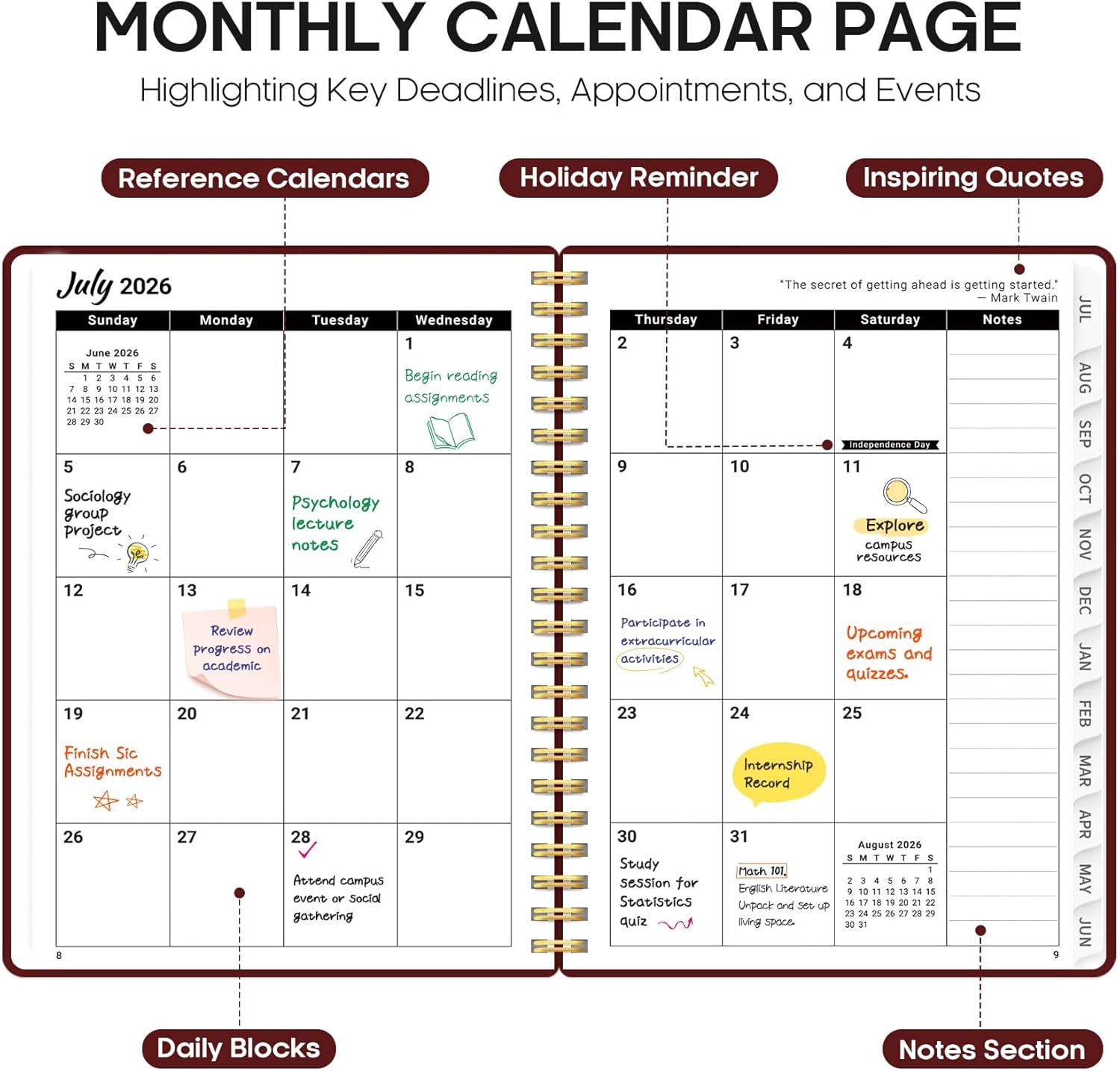 image:imagePlanner 20262027 85 x 11 Weekly and Monthly Academic Year Planner Calendar July 2026 June 2027 Hardcover Large School Planning Agenda With Tabs Perfect for School amp Office Supplies A4 BlackIBurgundy