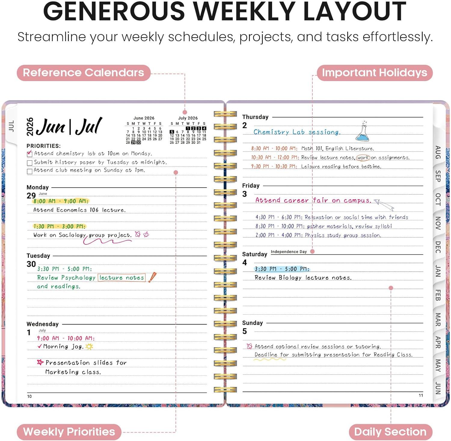 image:imagePlanner 20262027 Academic Monthly Weekly Spiral Calendar July 2026 June 2027 Hardcover Agenda Notebook with Tabs 85 x 11 Perfect for Students Teachers School amp Daily Planning Twilight BloomOWindmill Fields