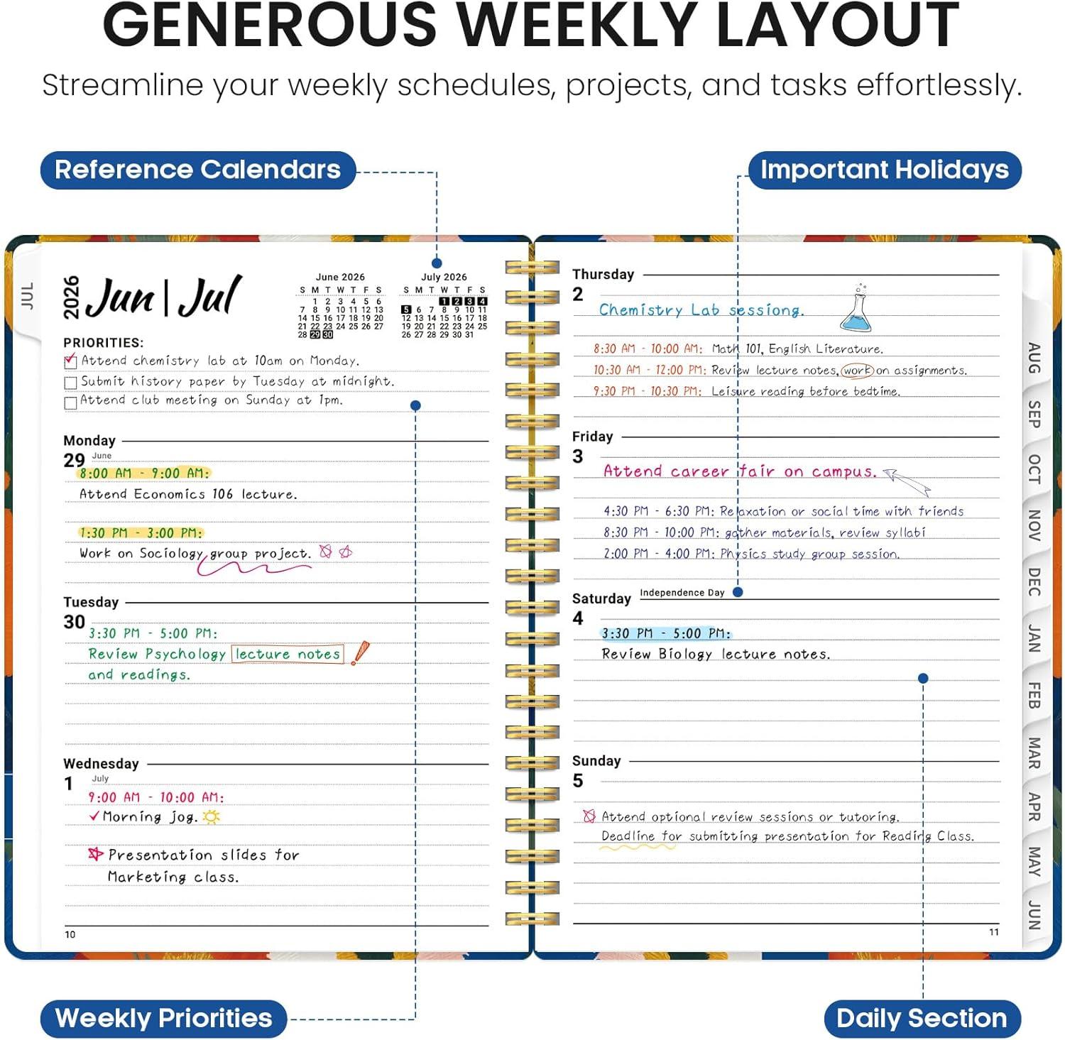 image:imagePlanner 20262027 Academic Monthly Weekly Spiral Calendar July 2026 June 2027 Hardcover Agenda Notebook with Tabs 85 x 11 Perfect for Students Teachers School amp Daily Planning Twilight BloomEVivid Petals