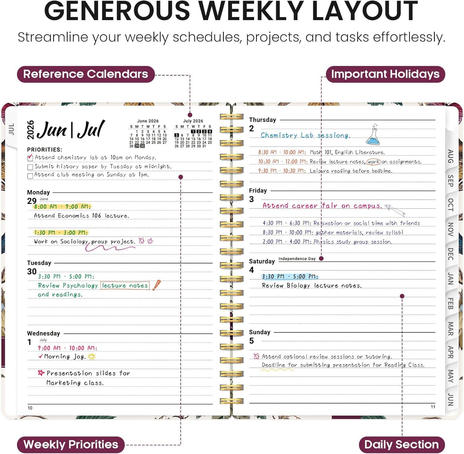 image:imagePlanner 20262027 Academic Monthly Weekly Spiral Calendar July 2026 June 2027 Hardcover Agenda Notebook with Tabs 85 x 11 Perfect for Students Teachers School amp Daily Planning Twilight BloomKVineyard Birds