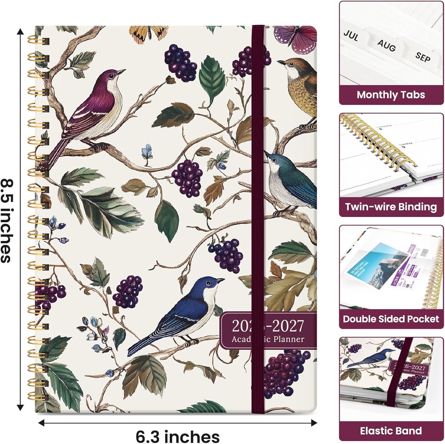 image:imagePlanner 20262027 Academic Monthly Weekly Spiral Calendar July 2026 June 2027 Hardcover Agenda Notebook with Tabs 85 x 11 Perfect for Students Teachers School amp Daily Planning Twilight BloomKVineyard Birds
