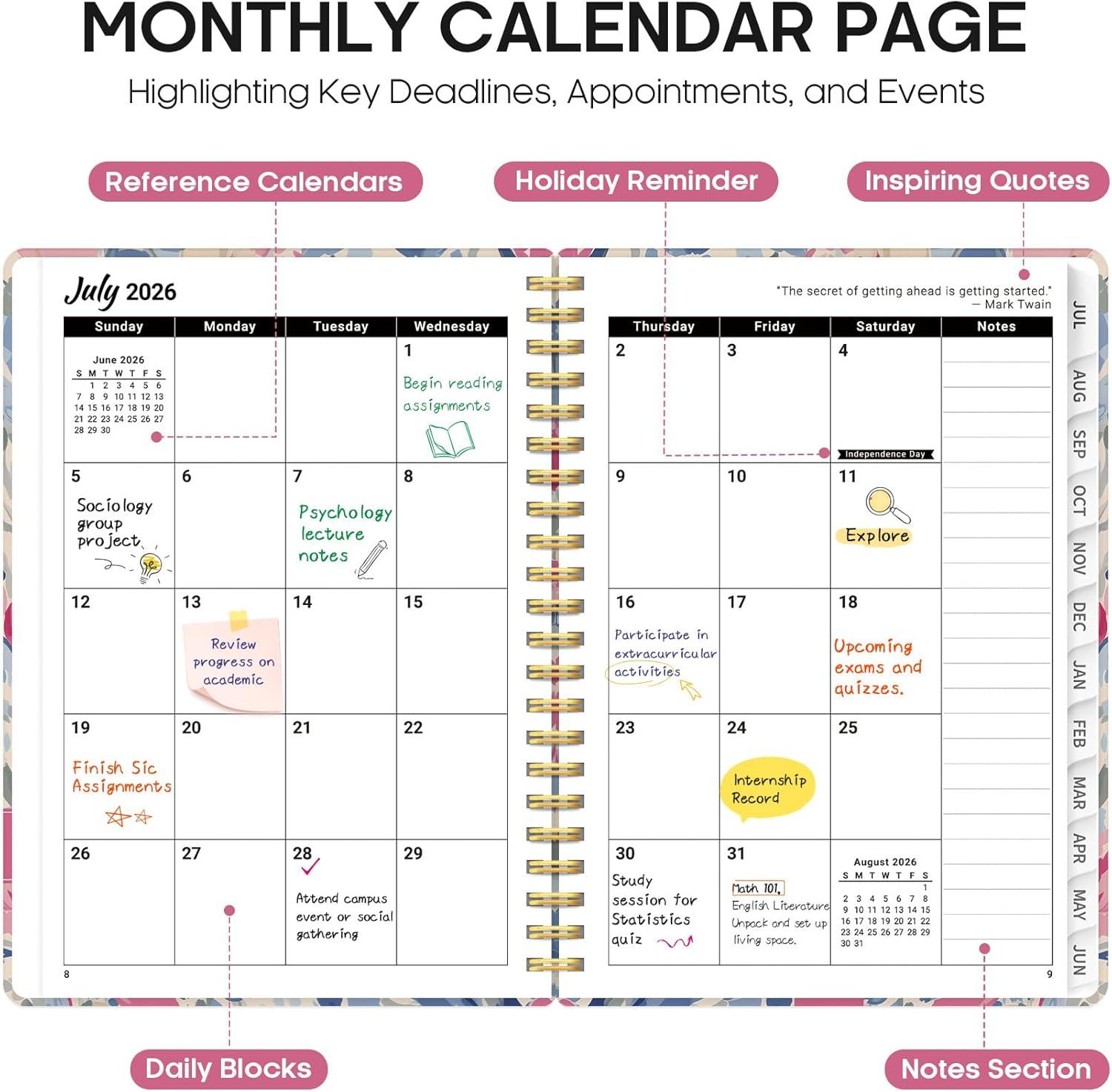 image:imagePlanner 20262027 Academic Monthly Weekly Spiral Calendar July 2026 June 2027 Hardcover Agenda Notebook with Tabs 85 x 11 Perfect for Students Teachers School amp Daily Planning Twilight BloomHSoft Blossoms