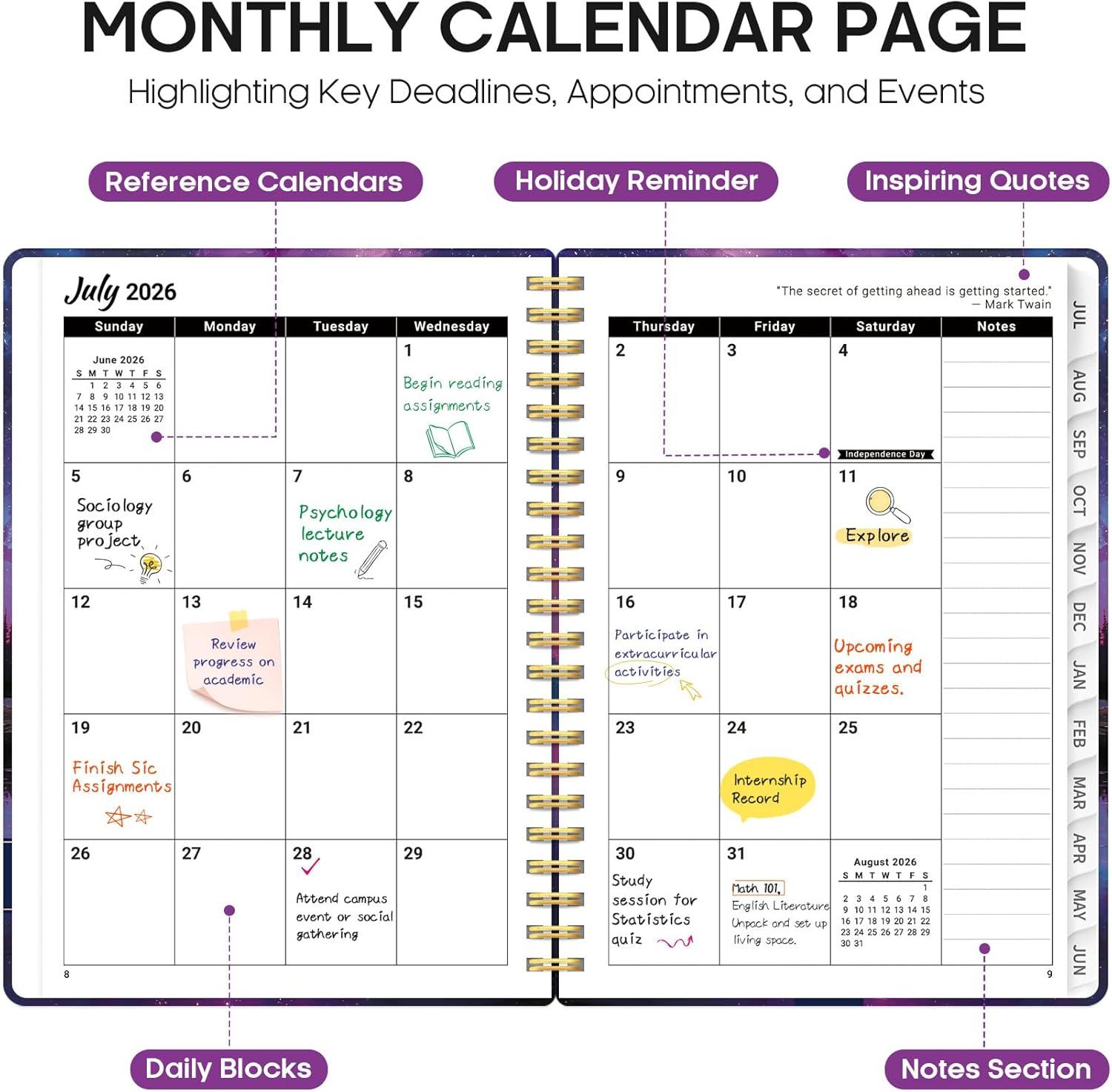 image:imagePlanner 20262027 Academic Monthly Weekly Spiral Calendar July 2026 June 2027 Hardcover Agenda Notebook with Tabs 85 x 11 Perfect for Students Teachers School amp Daily Planning Twilight BloomRViolet Lagoon