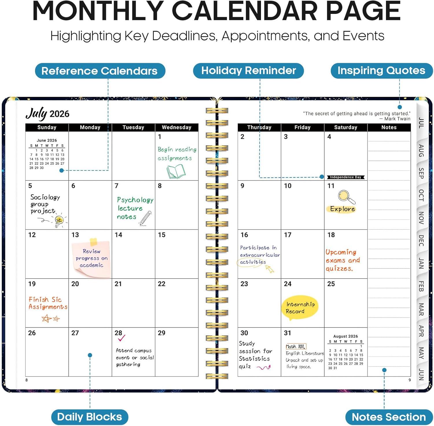 image:imagePlanner 20262027 Academic Monthly Weekly Spiral Calendar July 2026 June 2027 Hardcover Agenda Notebook with Tabs 85 x 11 Perfect for Students Teachers School amp Daily Planning Twilight BloomDGalactic Swirl