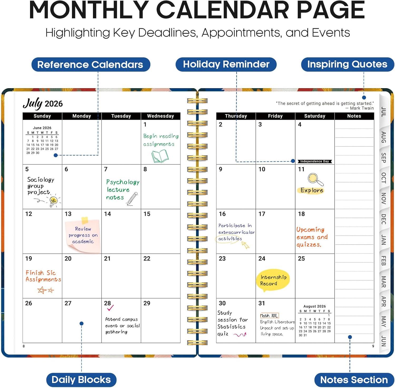 image:imagePlanner 20262027 Academic Monthly Weekly Spiral Calendar July 2026 June 2027 Hardcover Agenda Notebook with Tabs 85 x 11 Perfect for Students Teachers School amp Daily Planning Twilight BloomEVivid Petals