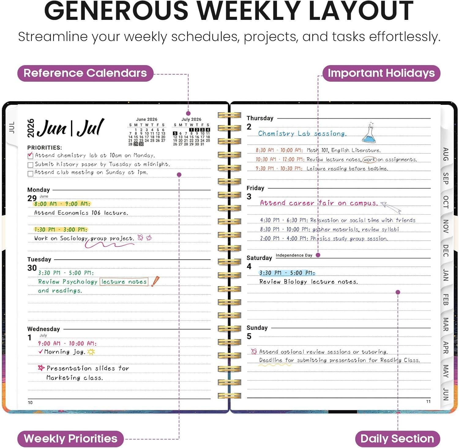 image:imagePlanner 20262027 Academic Monthly Weekly Spiral Calendar July 2026 June 2027 Hardcover Agenda Notebook with Tabs 85 x 11 Perfect for Students Teachers School amp Daily Planning Twilight BloomVColor Drift