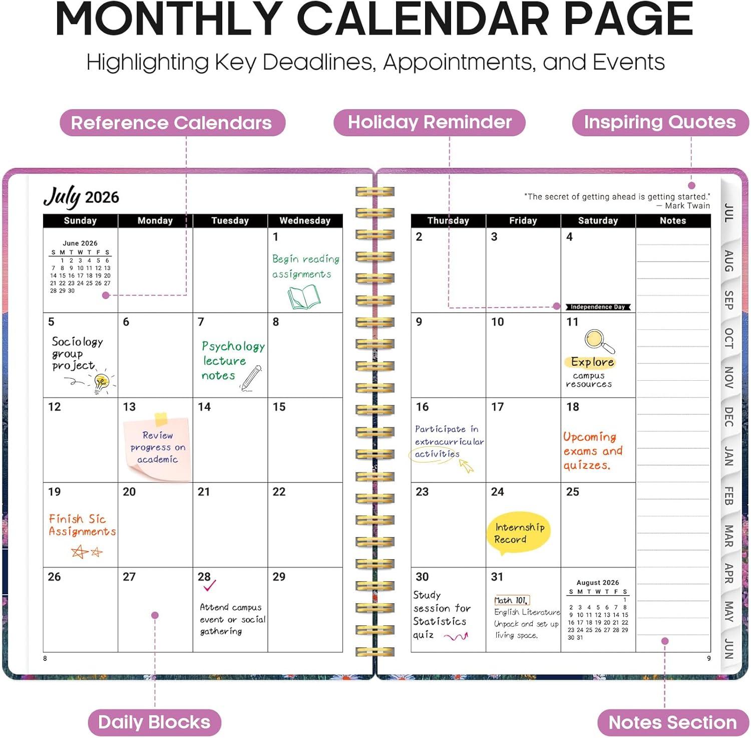 image:imagePlanner 20262027 Academic Monthly Weekly Spiral Calendar July 2026 June 2027 Hardcover Agenda Notebook with Tabs 85 x 11 Perfect for Students Teachers School amp Daily Planning Twilight BloomATwilight Bloom