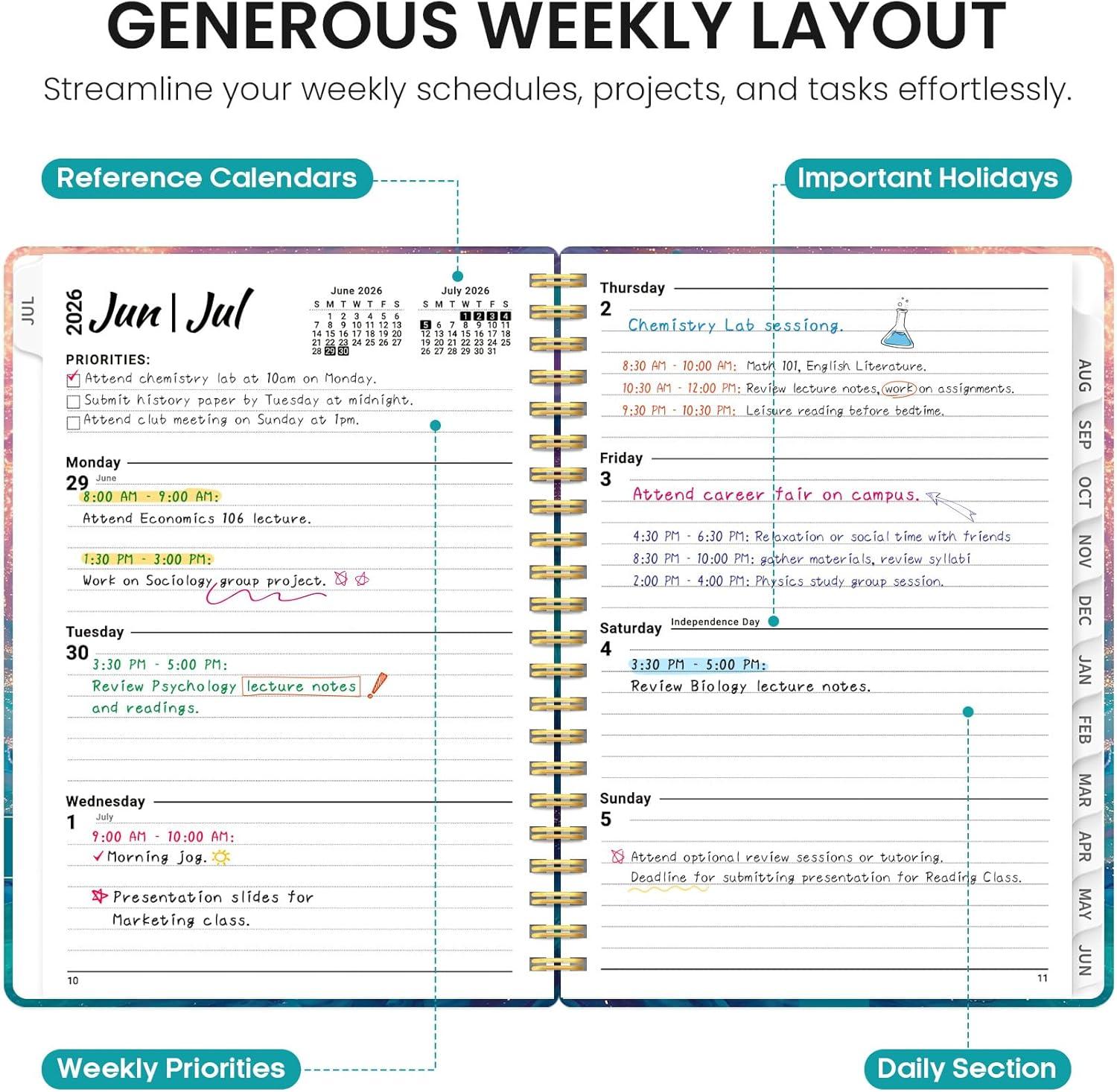 image:imagePlanner 20262027 Academic Monthly Weekly Spiral Calendar July 2026 June 2027 Hardcover Agenda Notebook with Tabs 85 x 11 Perfect for Students Teachers School amp Daily Planning Twilight BloomIGalaxy Flow