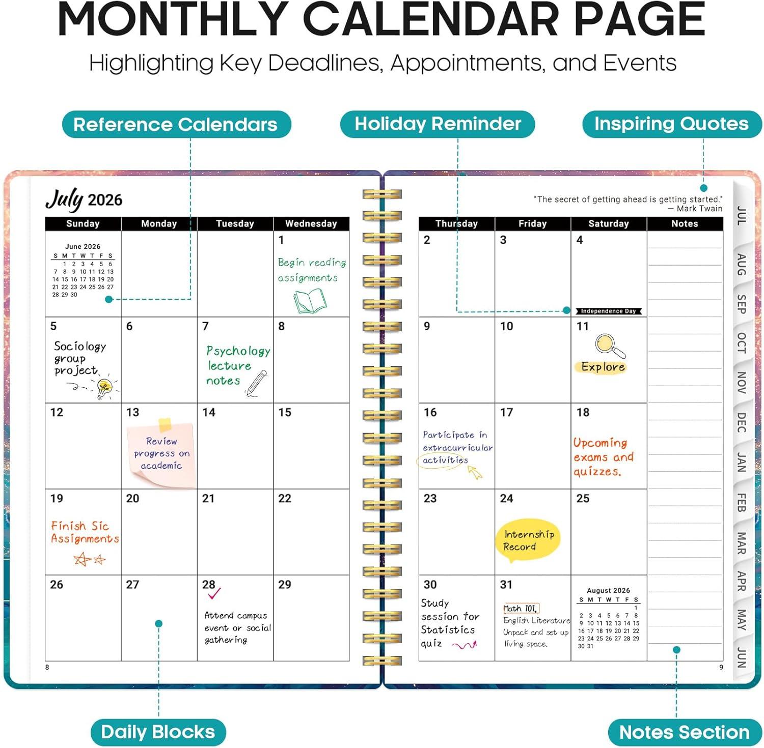 image:imagePlanner 20262027 Academic Monthly Weekly Spiral Calendar July 2026 June 2027 Hardcover Agenda Notebook with Tabs 85 x 11 Perfect for Students Teachers School amp Daily Planning Twilight BloomIGalaxy Flow
